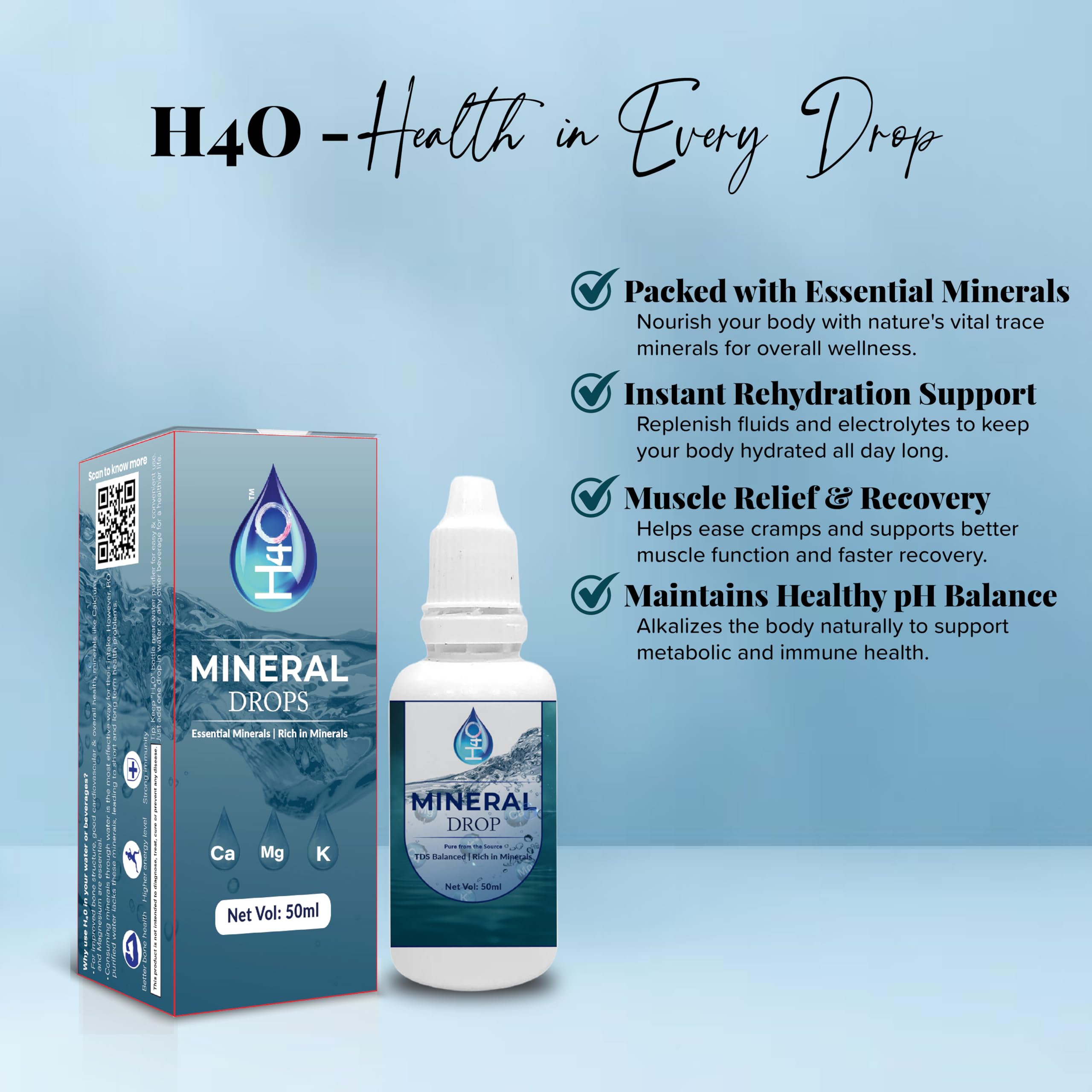 H4O: (Pack of 4)TDS enhancing mineral drops for RO water. Say goodbye to fatigue and body aches. Great Alternative to Calcium, Magnesium and Potassium Tablets. Essential Minerals for 1000 glasses of water. 2