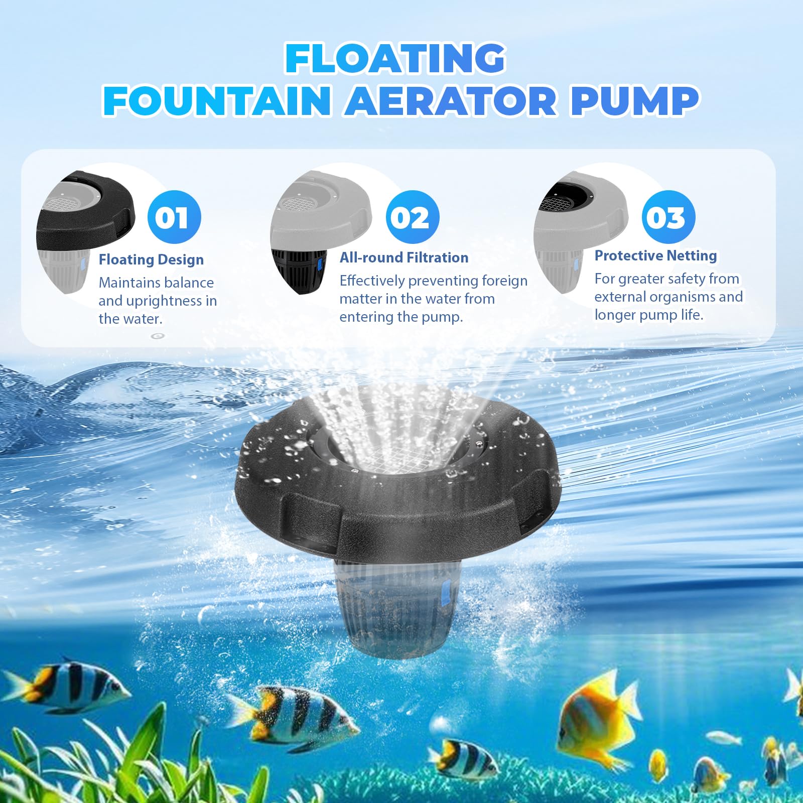 Poafamx Aireador de estanque, bomba flotante para estanque, 5000 GPH, bomba de estanque grande, cable de alimentación de 10 m, aireador de estanque con juego de amarre y temporizador de salida de 110