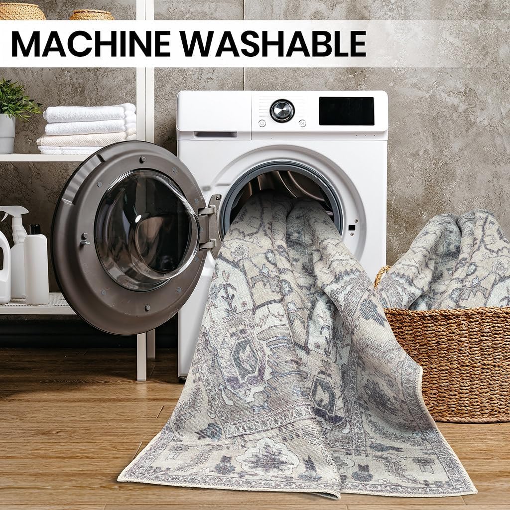 GLN Rugs Traditional Collection - Machine Washable Area Rug, Traditional Washable, Non Slip, Low Pile Chenille Rug, Living Room, Bedroom, Kitchen Rug (2' x 3' Cream/Gray)