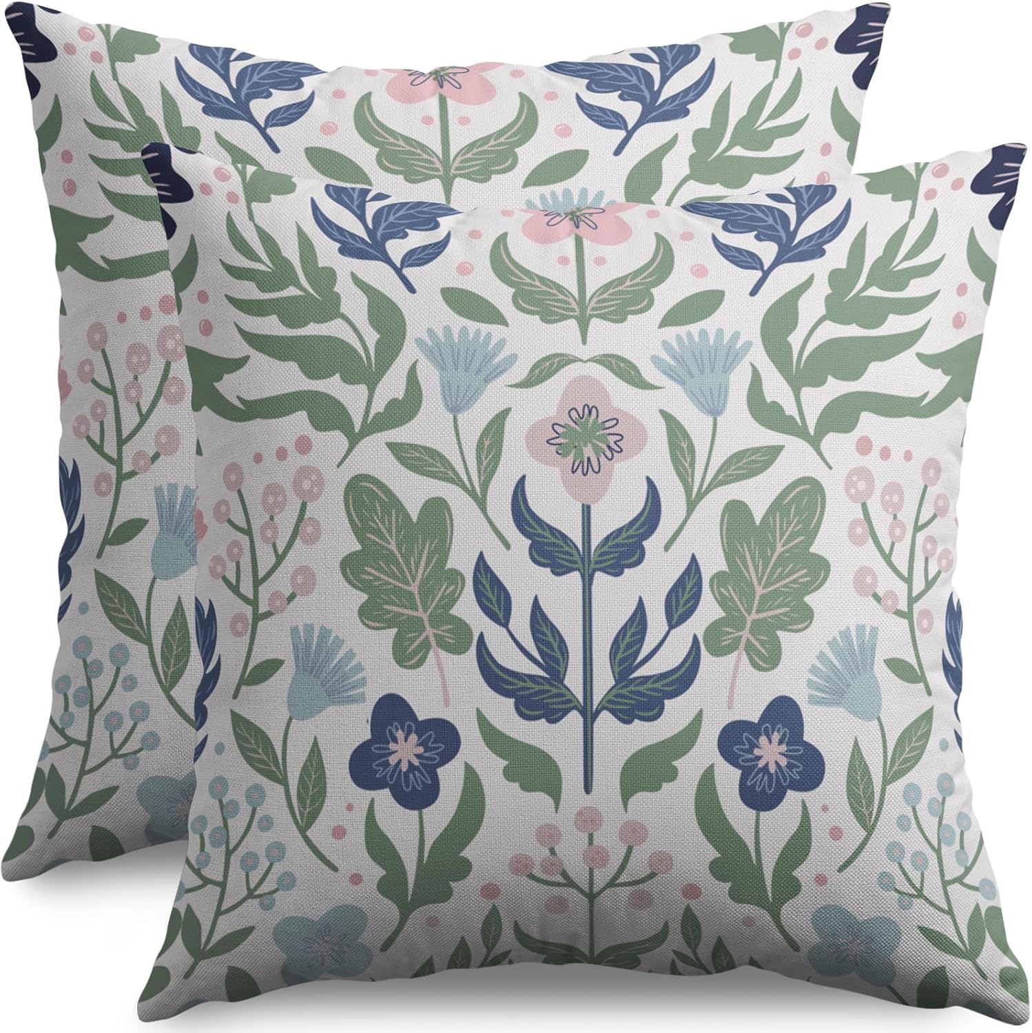 Blue Green Floral Pillow Covers 18x18 Set of 2 Spring Summer Navy Pink Flower Sage Leaves Block Print Decorative Throw Pillow Cases Outdoor Farmhouse Decoration for Sofa Couch Bed