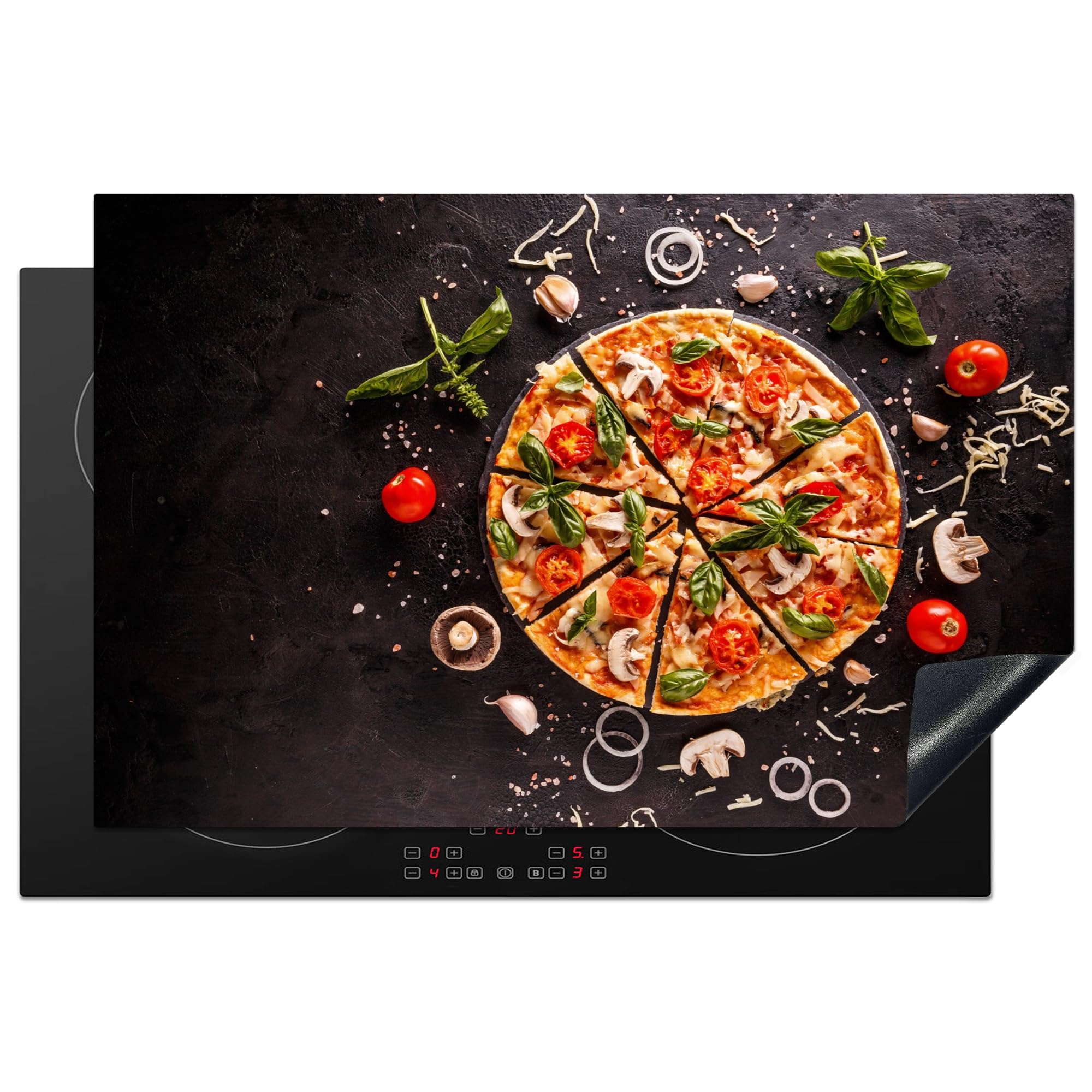 KitchenYeah© Herdabdeckplatte Einteilig Küche Herdabdeckung Induktionsfeld Ceranfeld Herdabdeckplatten Vinyl Matte Aufrollbar Pizza - Gemüse - Kräuter - Lebensmittel - Industrial - 80x52 cm
