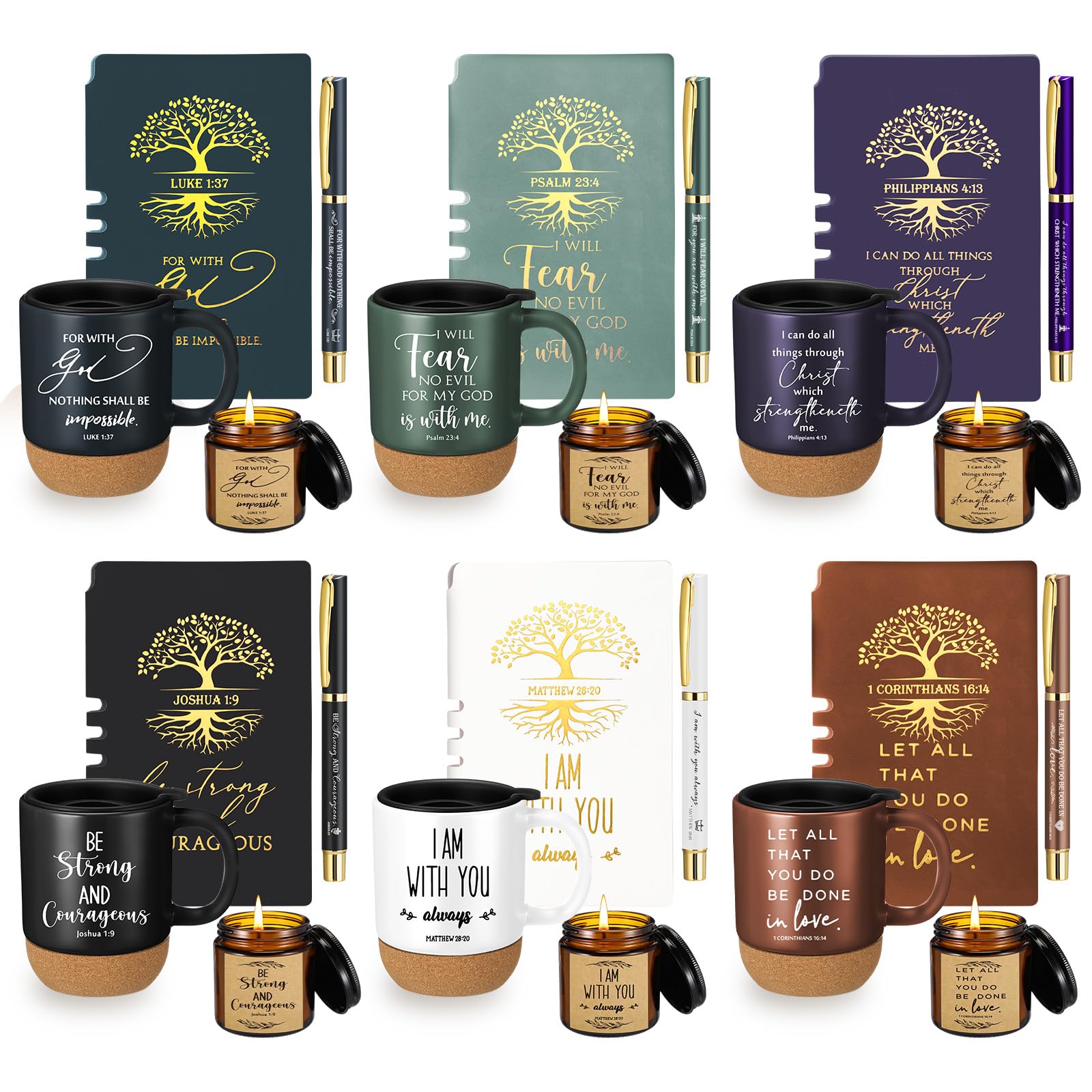 FillTouch 24 Pcs Christian Gift Church Father's Day Bulk Religious Bible Verse Prayer Journal Coffee Mug Candle Set for Man of God Pastor Father Dad Bible Study CNA Gifts (Courage,Dark Color)
