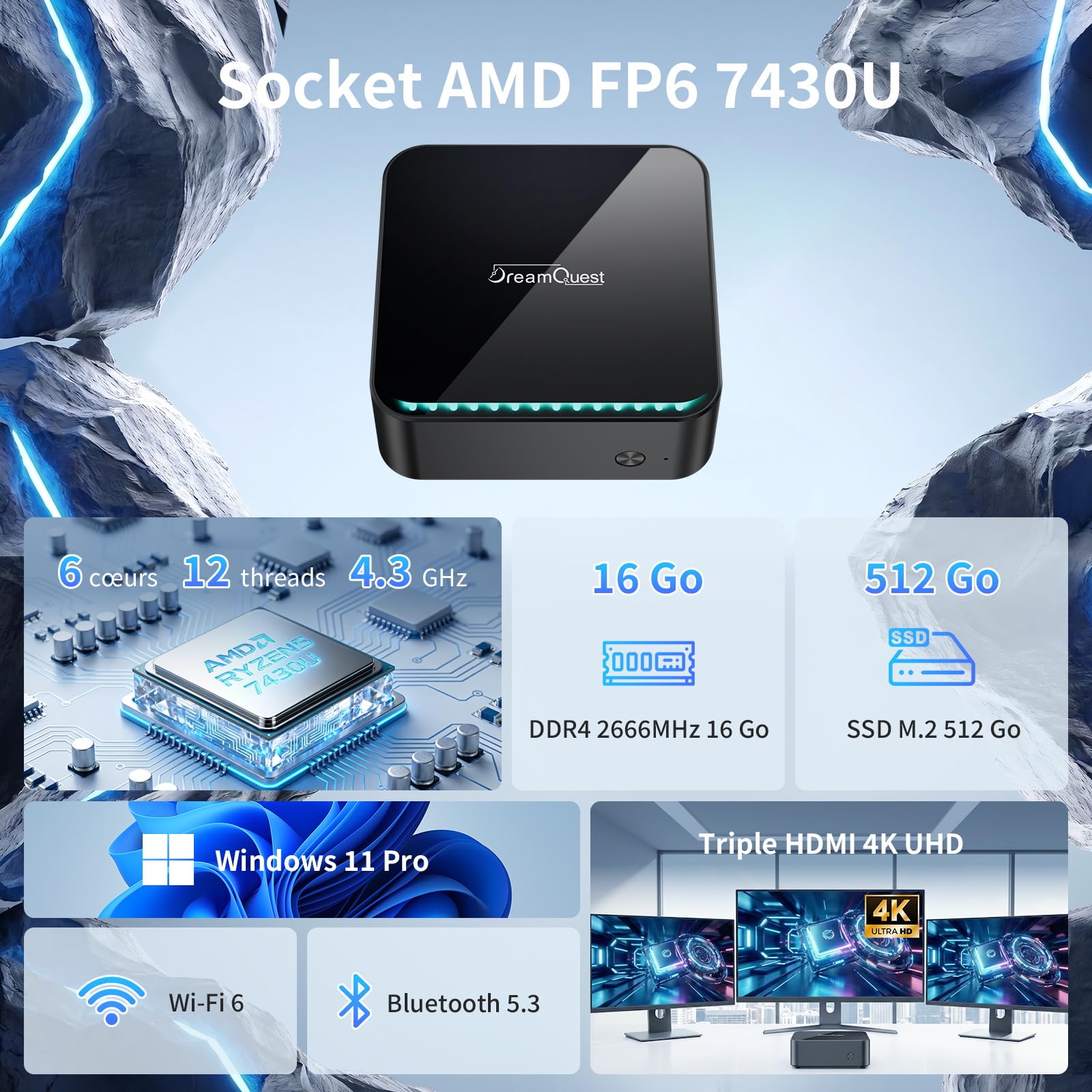 DreamQuest Mini PC Ryzen 5 7430U 16GB RAM 512GB SSD Windows 11 Pro | Desktop Compatto con Radeon Vega 7 WiFi 6 Bluetooth 5.3 USB 3.2 per ufficio e casa