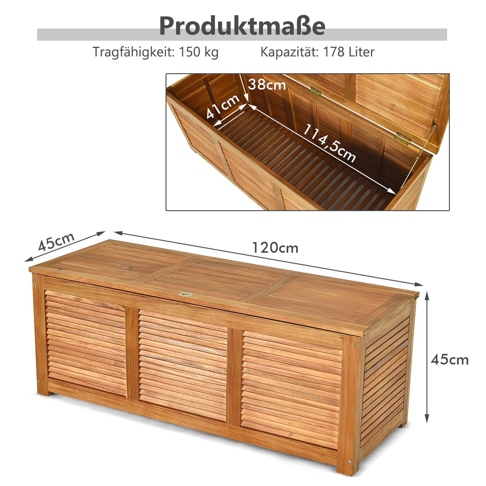 GIANTEX Auflagenbox Kissenbox Holz, Gartenbox mit Deckel, Aufbewahrungsbox Garten 178L, Gartentruhe Kissentruhe Outdoor, Aufbewahrungstruhe Garten, Auflagentruhe Holztruhe atmungsaktiv, 120x45x45cm