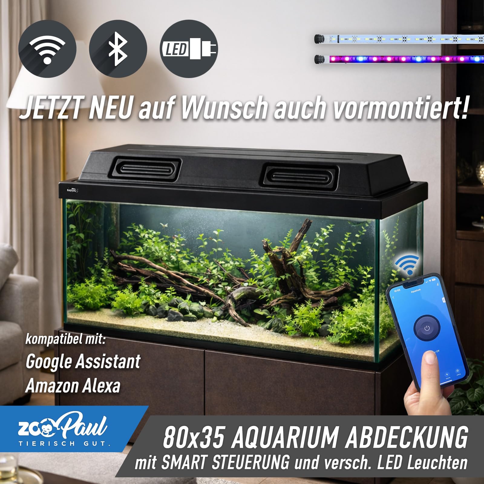 ZooPaul Osłona akwarium 80 x 35 z montażem (opcjonalnie) do terrarium LED za pomocą aplikacji (2 x Smart 1 x LED biała, 1 x roślina LED, 1 x montaż)