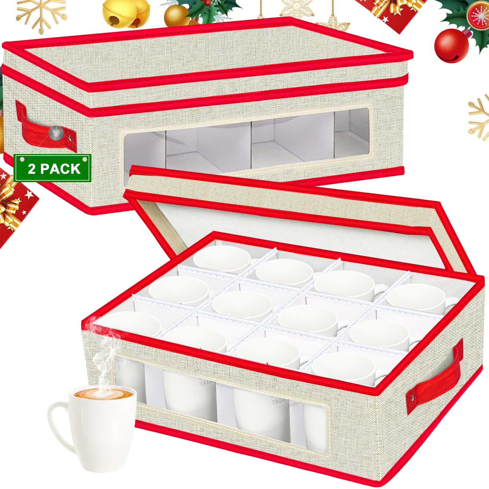VERONLY Mug and Cup Storage Box- (2Pack) China Storage Bin Containers with Dividers,Hard Shell Crystal Glassware Case with 2 Sturdy Handles and Clear PVC window 41x32x13cm(Beige&Red)