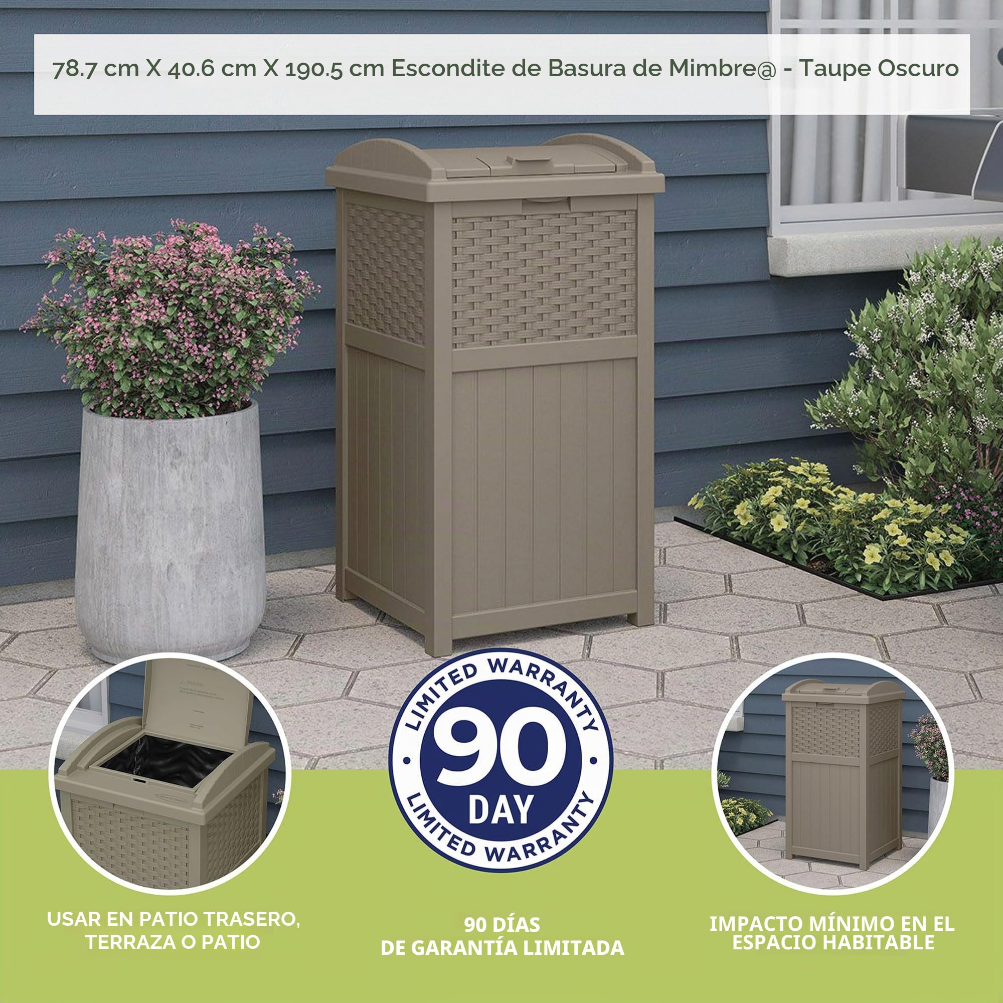 Suncast Papelera de Resina con Tapa para Patio, de 33 galones, Color marrón Oscuro