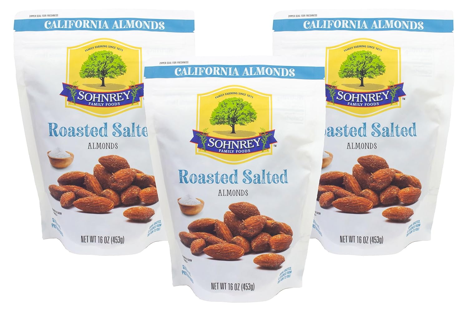 Roasted Salted Almonds (16oz) Steam Pasteurized Almonds from the Sohnrey Family Farm (3-Pack)