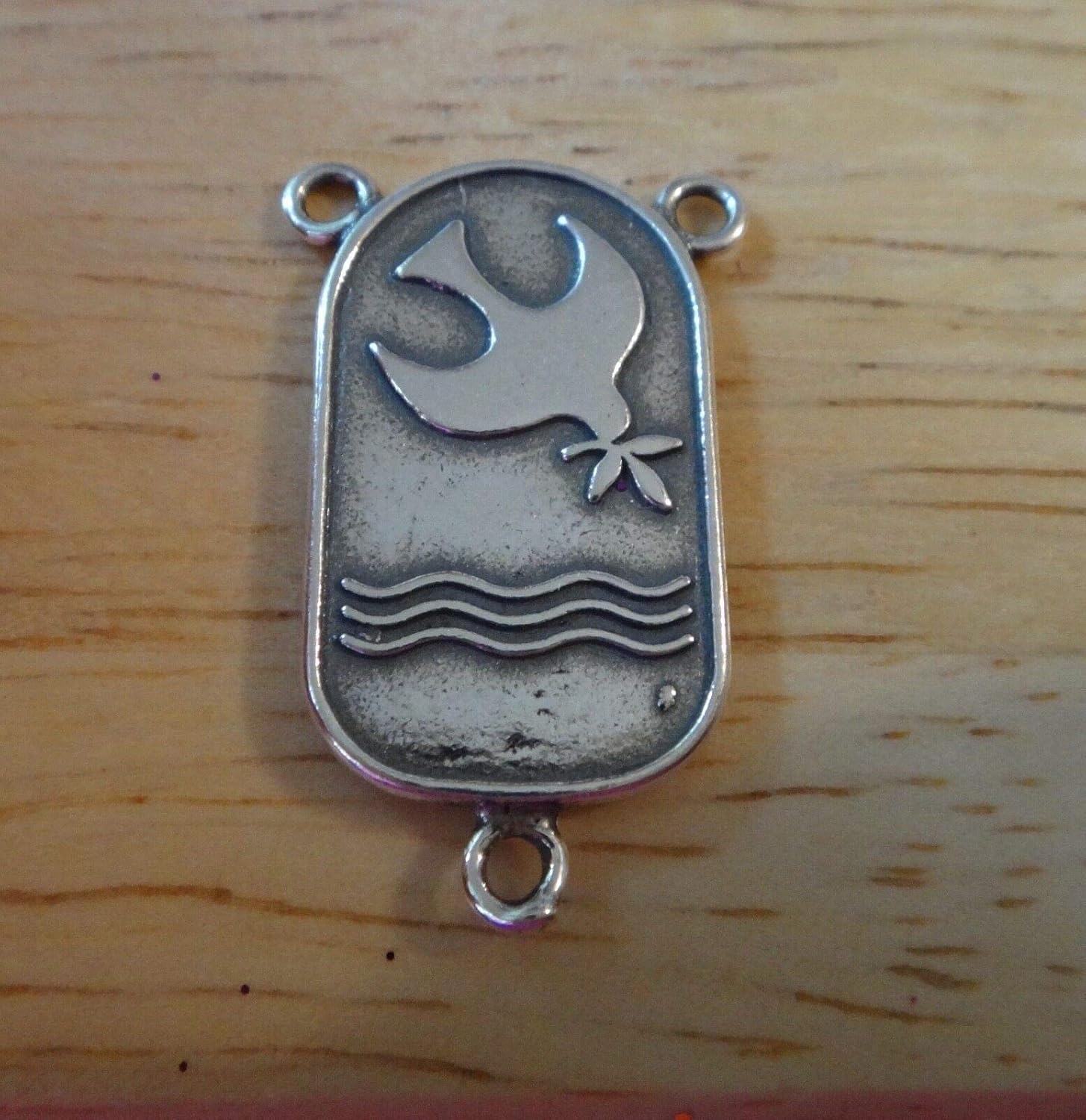 Sterling Silver 25x15mm Oval Rosary Center w/Descending Dove into Water Charm - Jewelry Making DIY Crafting Charm Beads for Bracelets