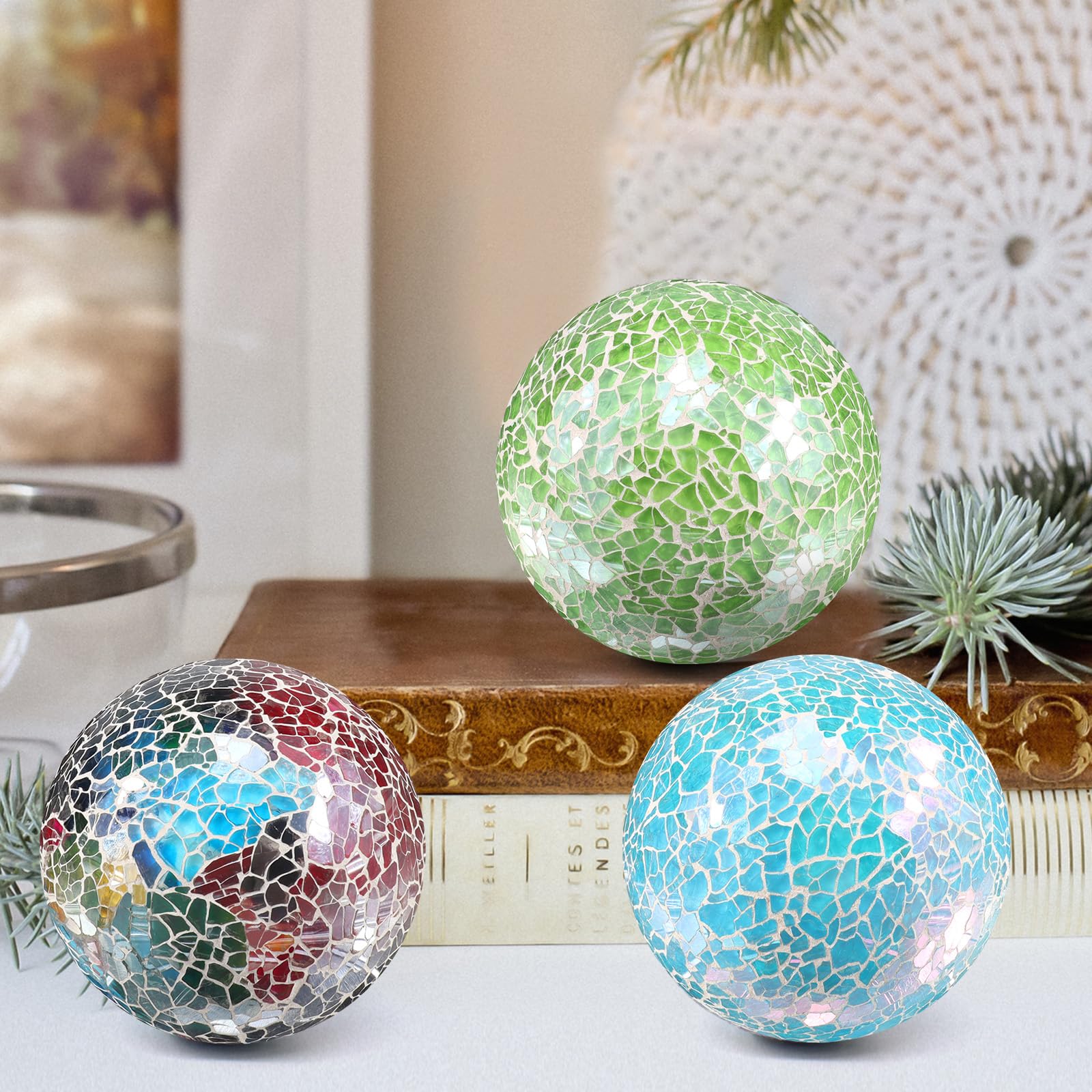 Woration Mosaic Glass Decorative Balls - 2.56 Inch Silver Mirror Orbs For Centerpieces, Bowls, Vases & Table Decor