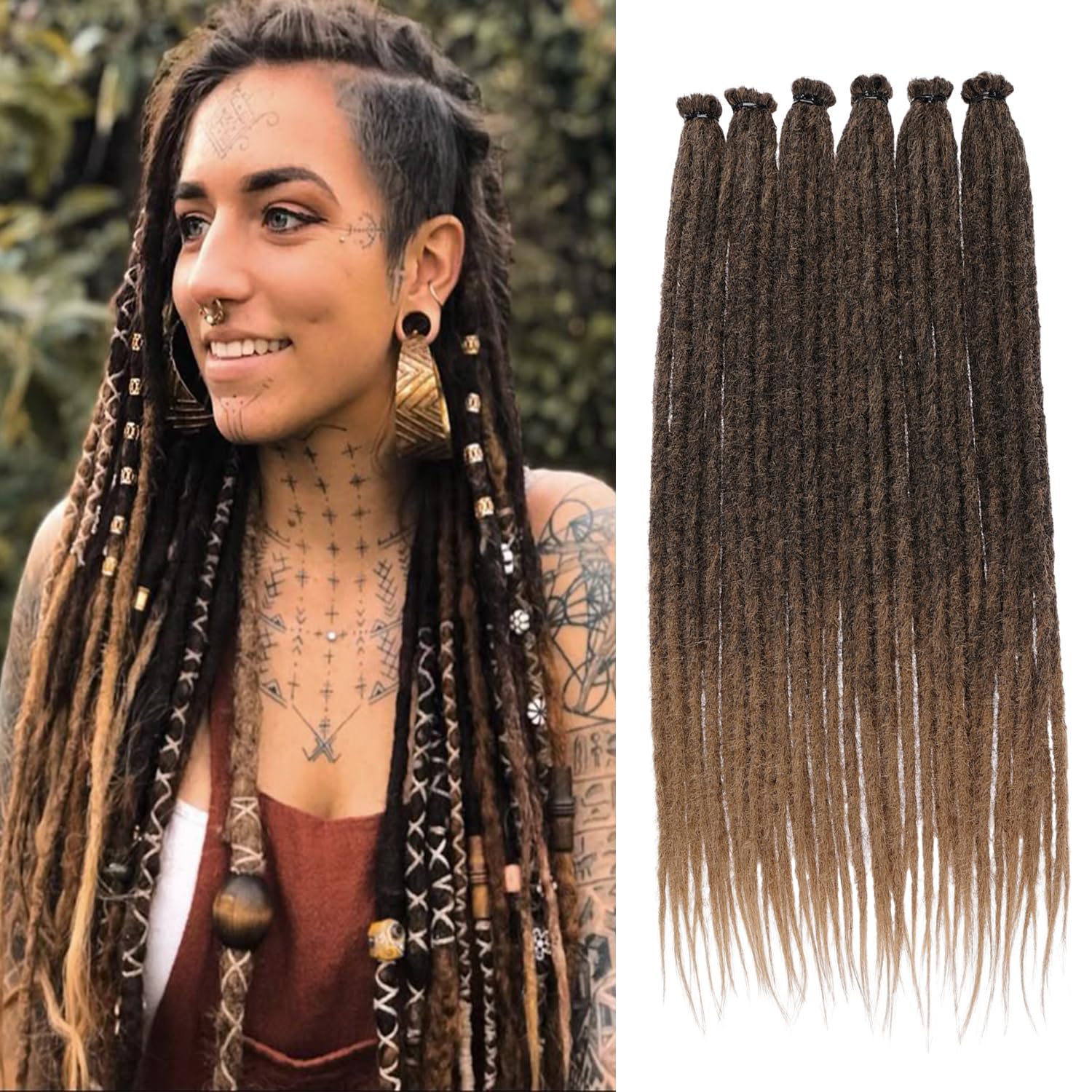 Mscat 18 Inch Synthetic Dreadlock Extensions 40 Strands 0.6 cm Width Single Ended Crochet Dreads Reggae Style Braiding Hair Ombre Brown Handmade Loc Extensions