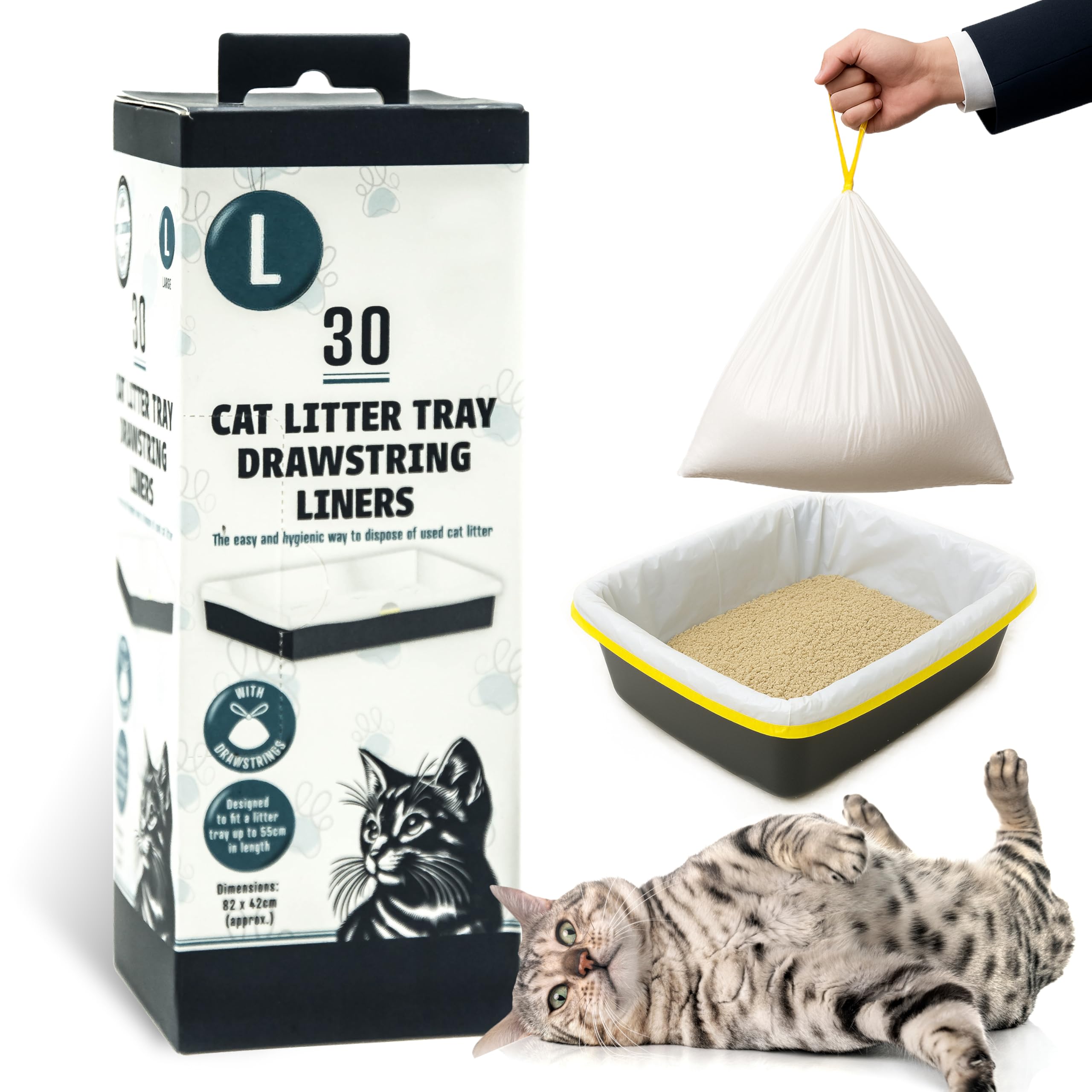 30x Large Cat Litter Tray Liners with Drawstrings – Easy Pull-up, Fits most Kitten & Cats Trays Liner – Disposable Waste Bags – Portable, Leakproof, Poop, Travel (82cm x 42cm) (Pack of 1, Large)