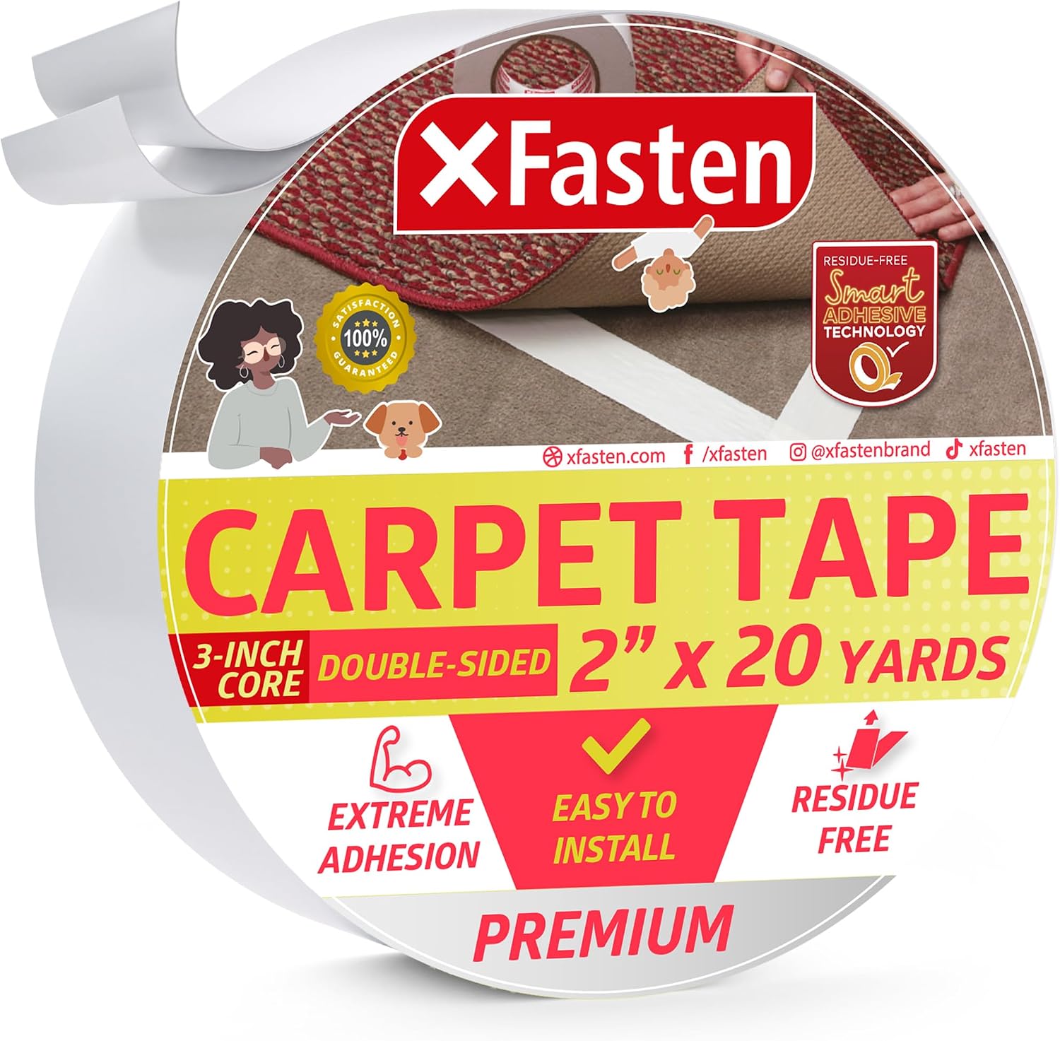 XFasten Carpet Tape Double Sided - Heavy Duty 2” x 20 yds Gentle on Surface Double Sided Carpet Tape for Area Rugs Over Carpet for Hardwood Floors, Corner Rug Tape for Carpet to Carpet
