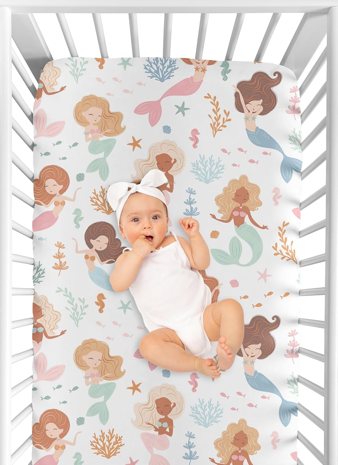 Sweet Jojo Designs Fitted Baby Crib Sheets (Ocean Mermaids) for Girls, Infant Nursery, Toddler Room - Standard Size (Watercolor, Under The Sea, Underwater Theme, Fairytale, Fish, Colorful Coral Reef)