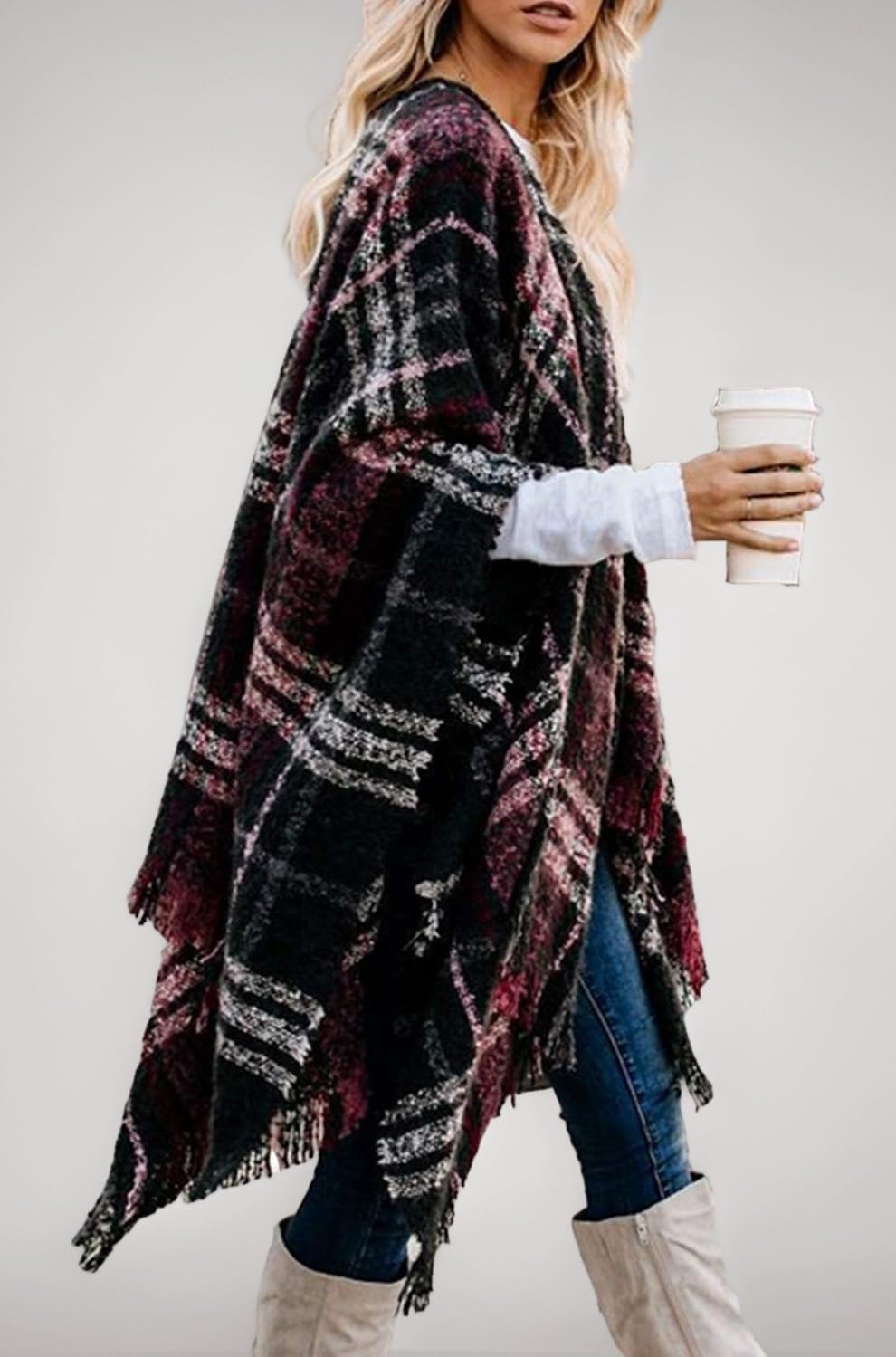 Women's Tassel Oversized Cape Poncho Shawel Color Block Open Front Cardigan Sweater