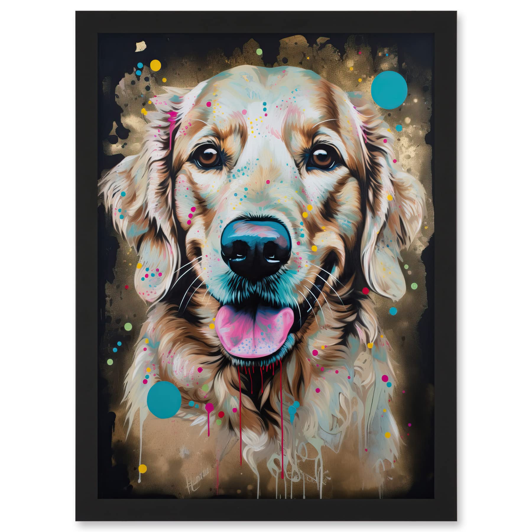 Artery8 Happy Smiling Golden Retriever Dog Portrait Artwork Framed A3 Wall Art Print