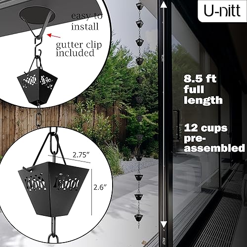 Miniatura 4 de U-nitt Cadena de lluvia colección de agua para canalones, atrapador de agua de lluvia y desviador, cadenas de 8.5 pies para jardín exterior, copas