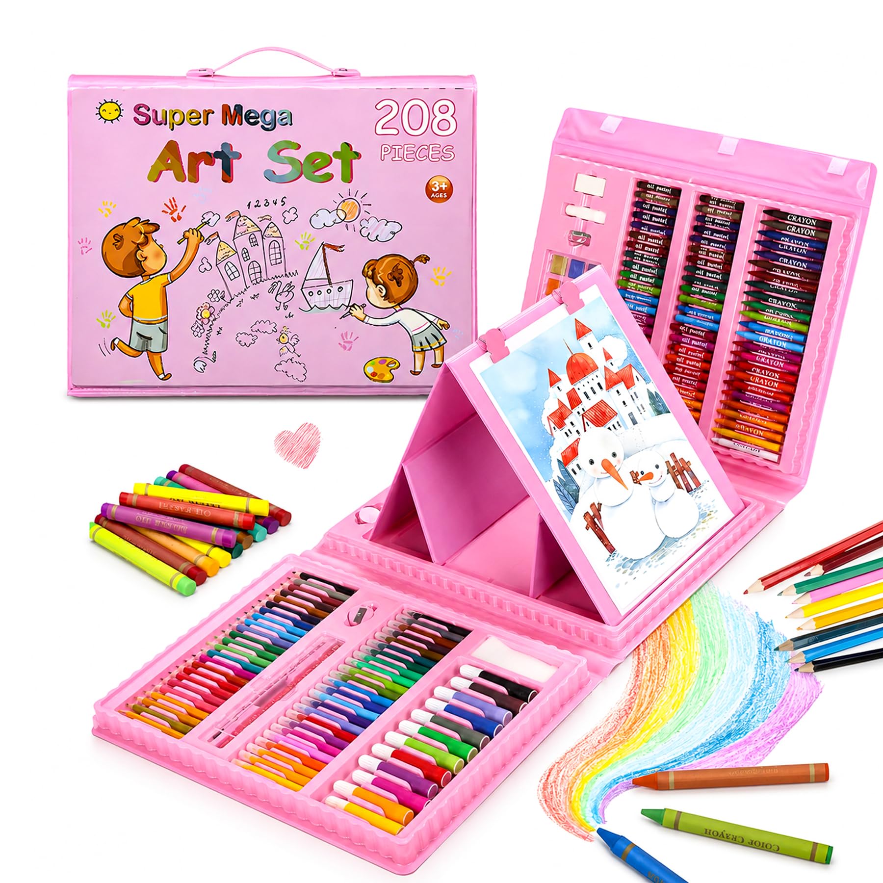 WISHKEY 208 Pieces Art Set for Kids with Storage Case, All in One Art and Craft Supplies Kit for Drawing and Painting with Marker, Watercolor, Pens, Crayons, Color Pencils (Pack of 1, Pink)