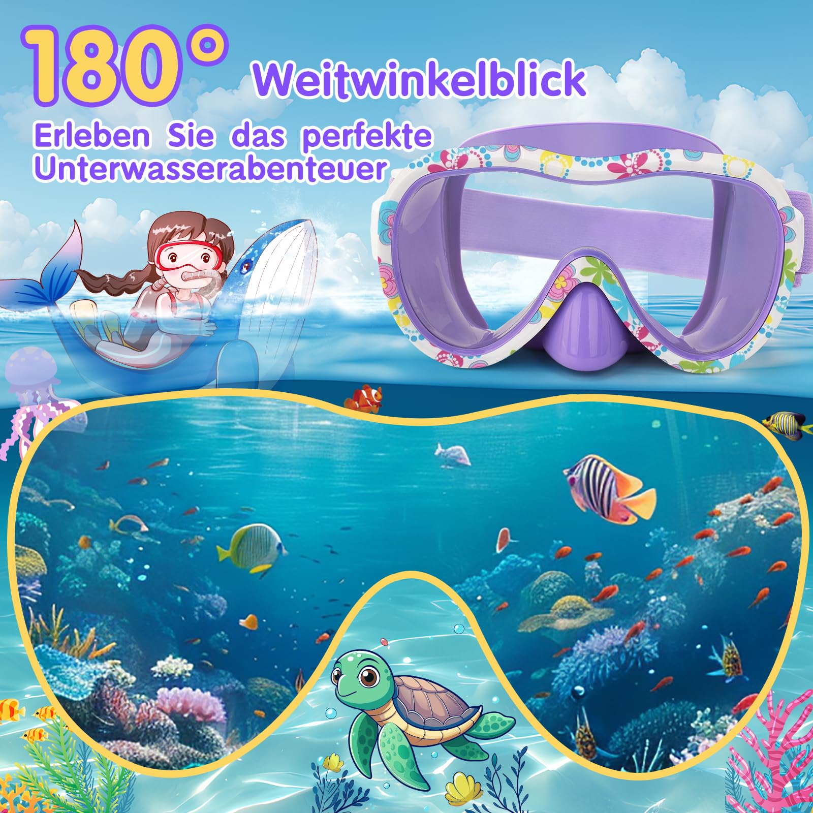 iGym Taucherbrille Kinder mit Stoffband,Schwimmbrille Kinder mit Nasenabdeckung für Jungen Mädchen,Anti-Fog UV-Schutz Taucherbrille Kinder 4-16 jahre,Verstellbare Silikon Schwimmbrille für Kinder