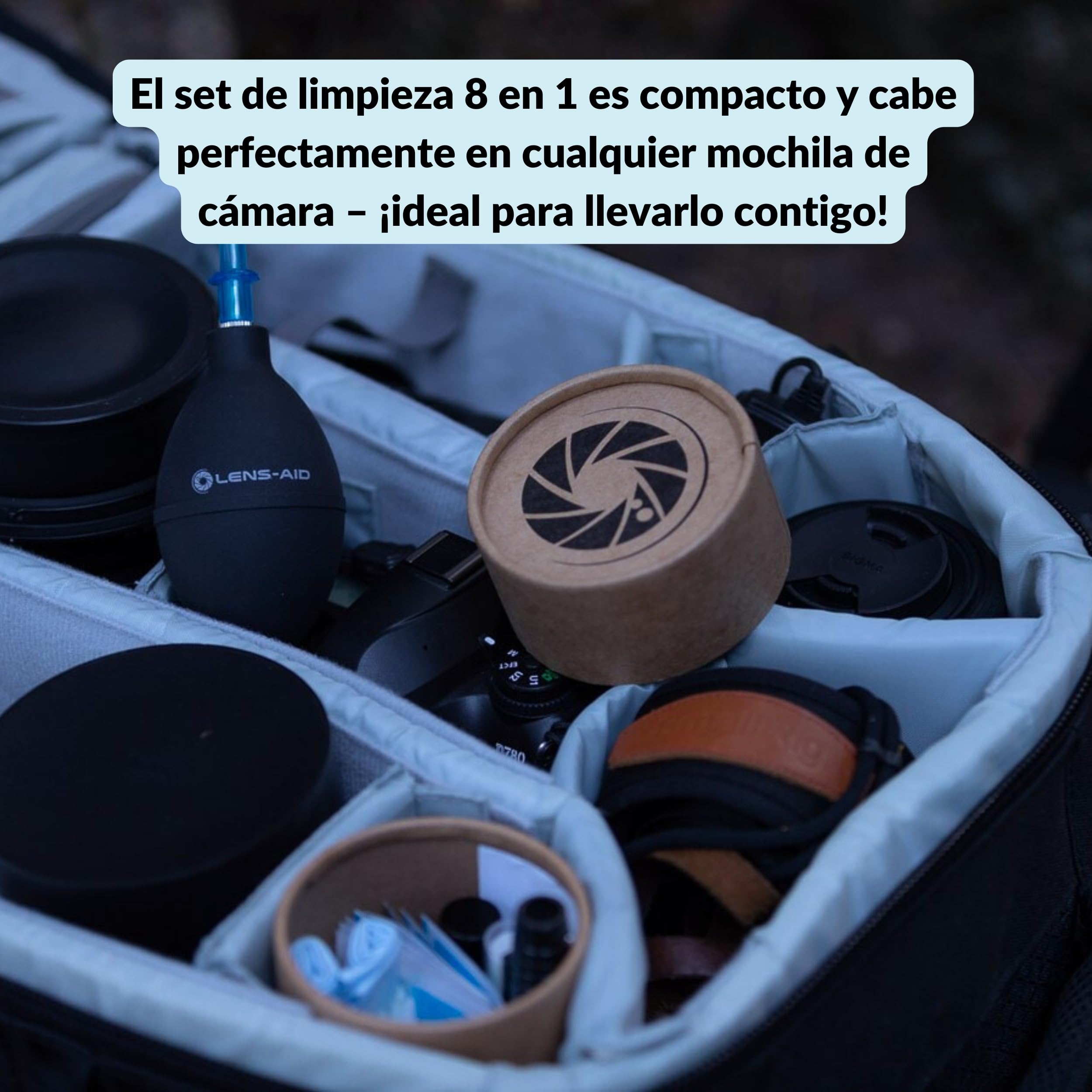 Lens-Aid Kit Limpieza cámara 8 en 1 – Set con Fuelle, Cepillo, lápiz, paños, líquido y más – Ideal para Objetivos, sensores, filtros y Pantallas – Regalo para fotógrafos