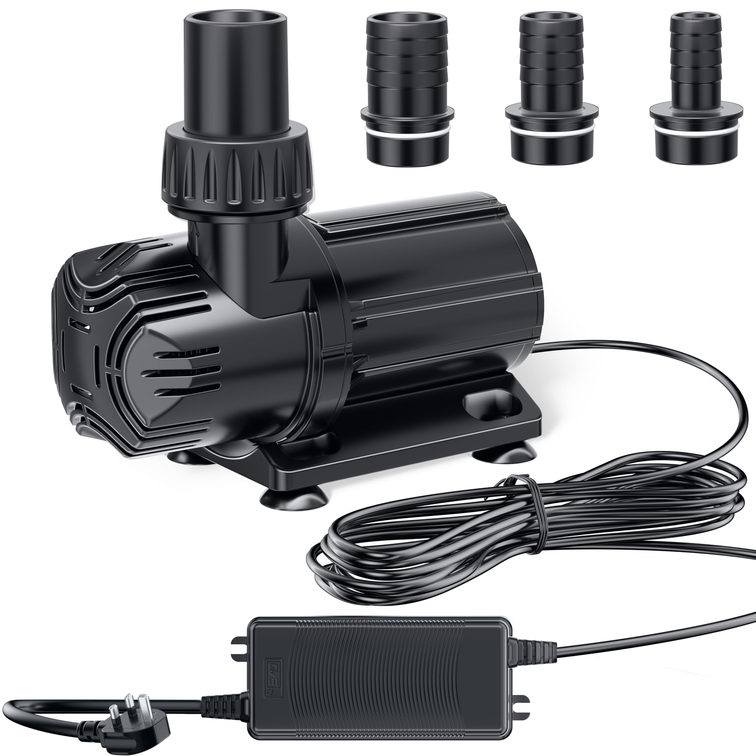 POPOSOAP DC-Teichpumpe 4600 L/h, 24V Niederspannung Tauchpumpe mit AC/DC-Wandler, Geräuscharm, 4 Schlauchadapter für Gartenteiche, Aquarien, Brunnen und Wasserspielereien