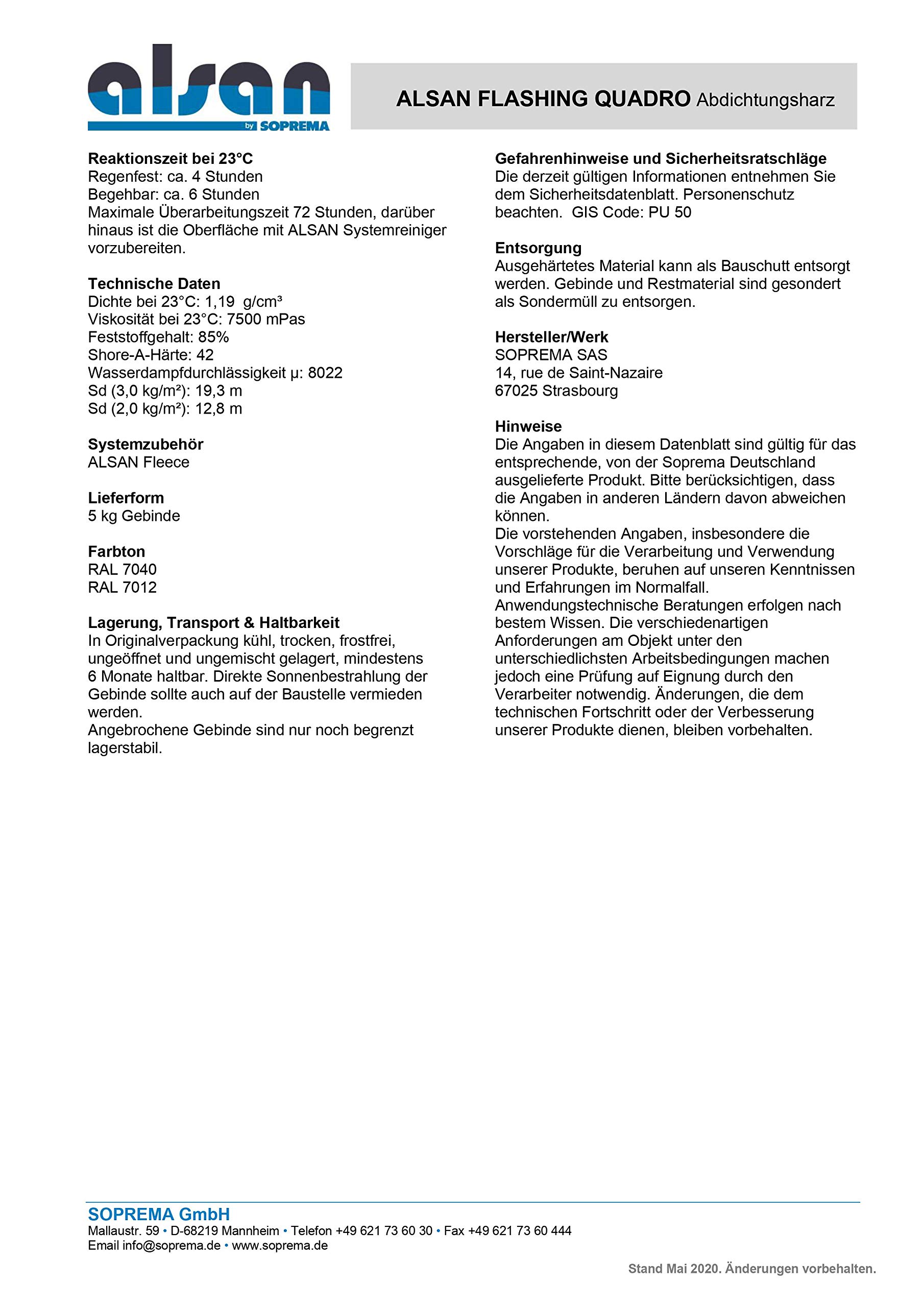 ALSAN Flashing Quadro 5,0kg RAL 7040 fenstergrau einkomponentiger Polyurethan Flüssigkunststoff zur Abdichtung Flachdach