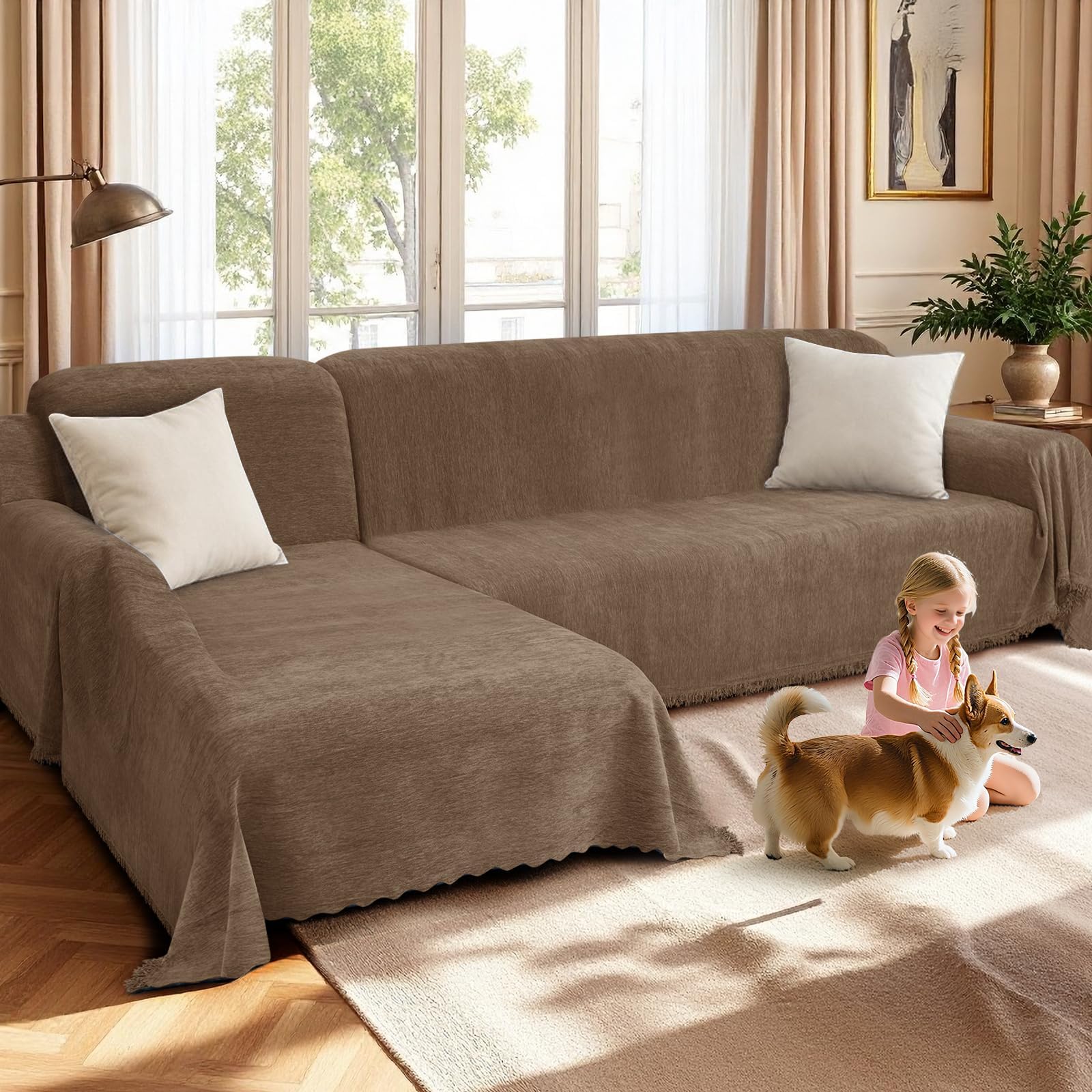 HDCAXKJ Sectional Couch Covers L Shape Sofa Cover Blanket 2 Pieces Chenille Soft Washable Pet Friendly Sectional Slipcovers Furniture Protector for Dogs, 71"x118" + 71"x134" (XX-Large, Brown)