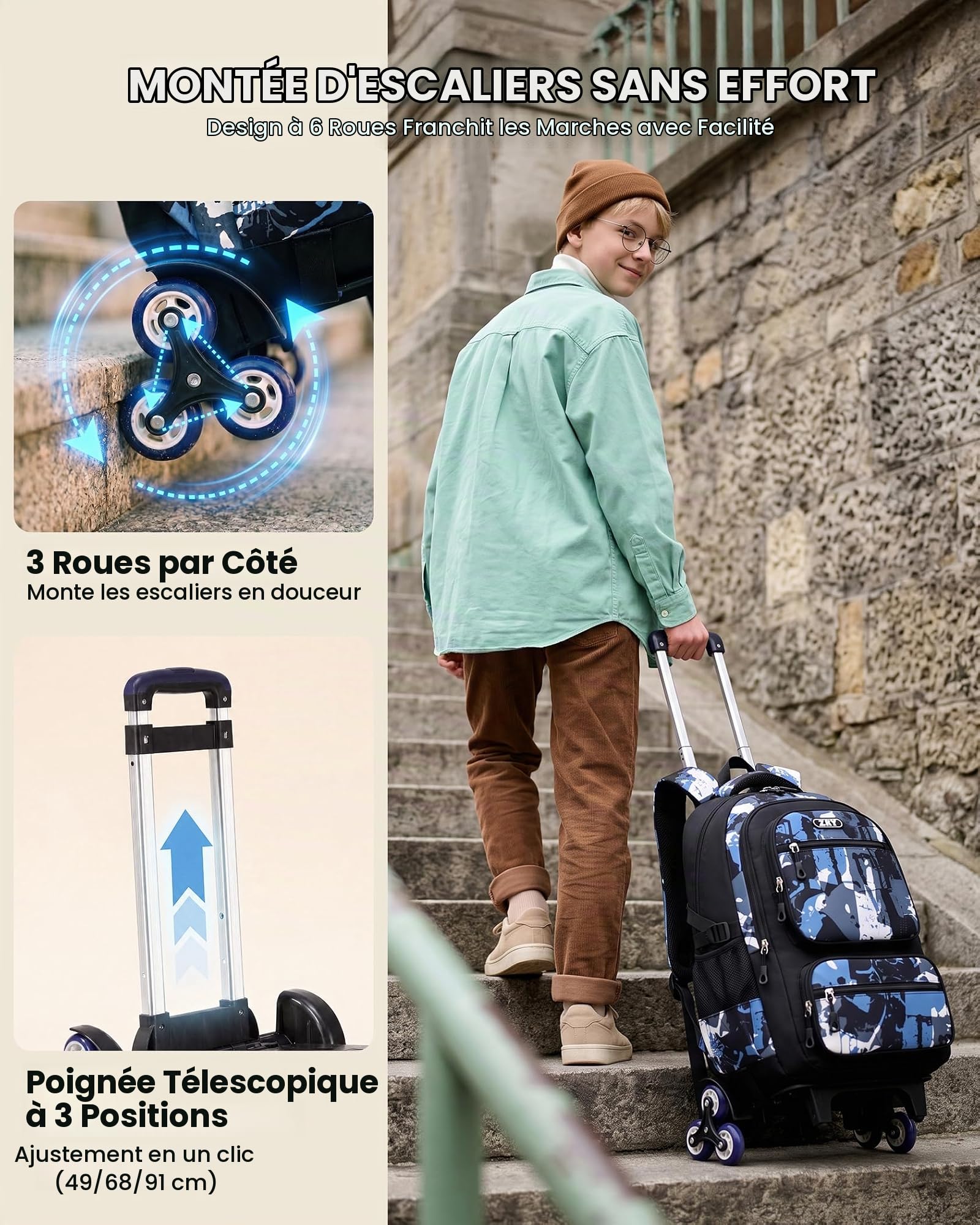 Amythe Sac à Dos à Roulette pour Garcon, 40 Litres Cartable Garcon Collège et Primaire Adapté aux 10 ans et Plus, Sac D'école de Voyage Loisir Élégant pour Homme avec Chariot, Noir