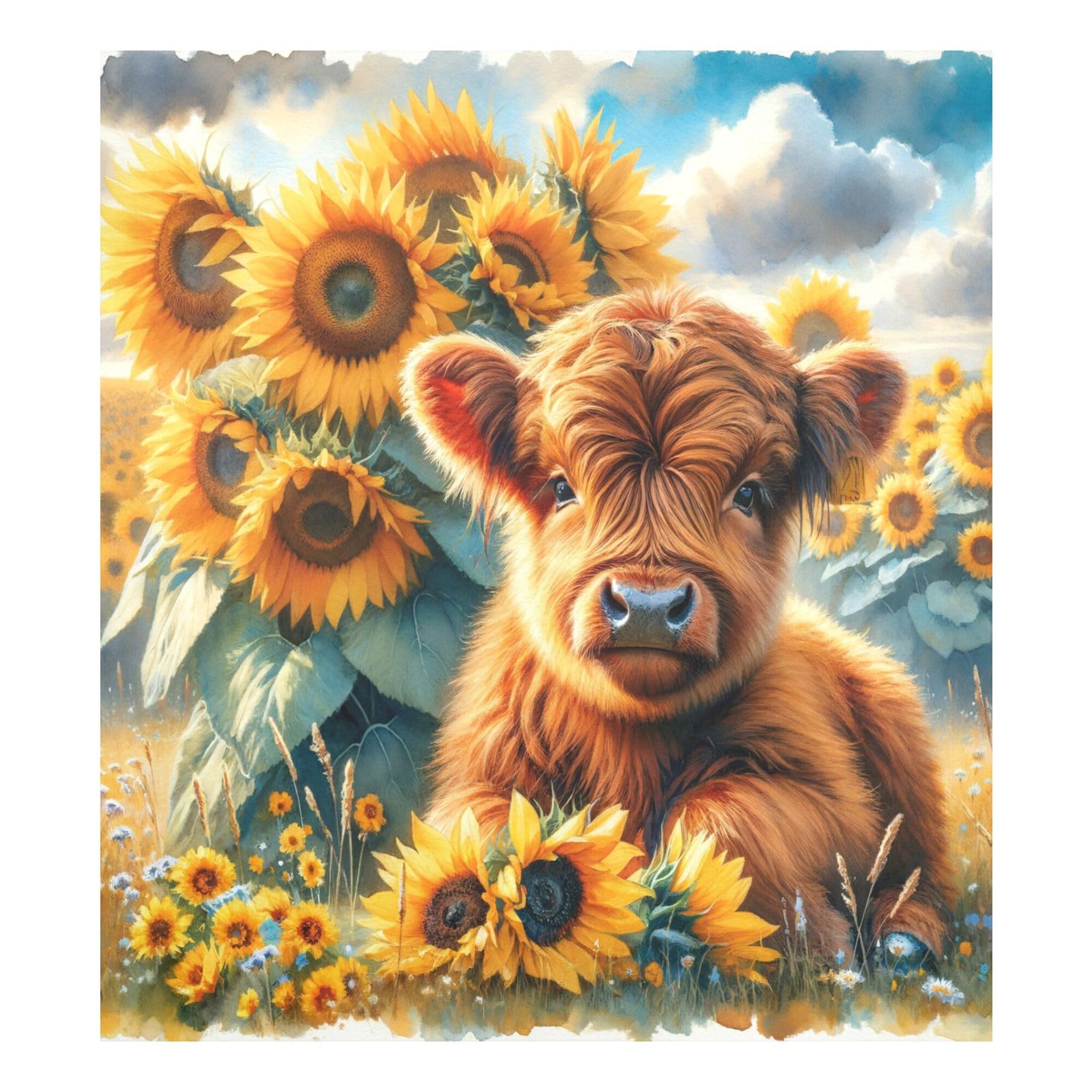 Exnundod Magnet Dishwasher Cover Cute Baby Highland Cow Dishwasher Magnetic Cover for Front Door Spring Sunflowers Refrigerator Magnet Cover Decor 23x26 Inch