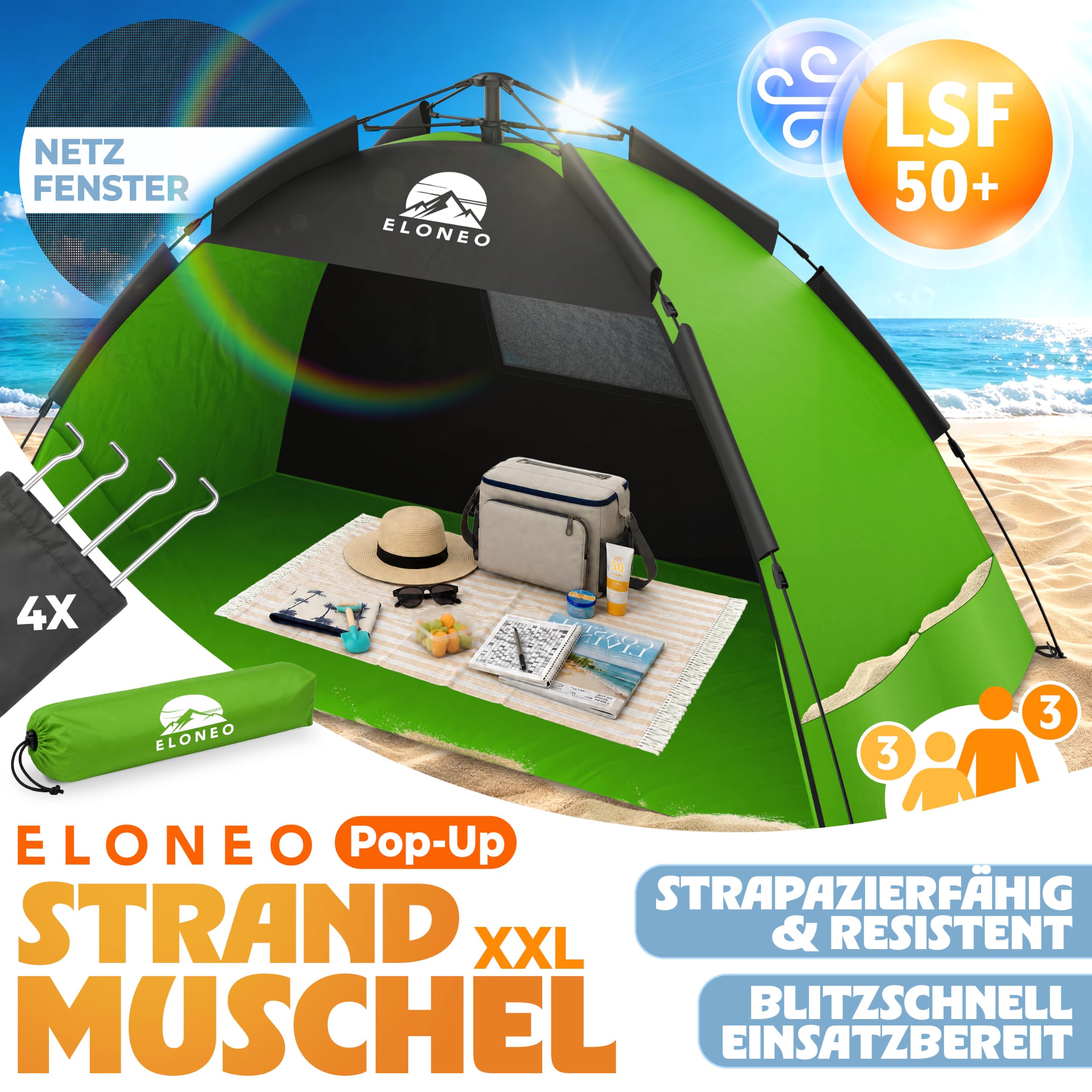 ELONEO Pop Up Strandmuschel UV Schutz 50+ | Strandzelt XXL 220x150x130 cm | Leichter Aufbau und kleines Packmaß inkl. Tragetasche | Strand Sonnenschutz & Windschutz für Babys und Erwachsene