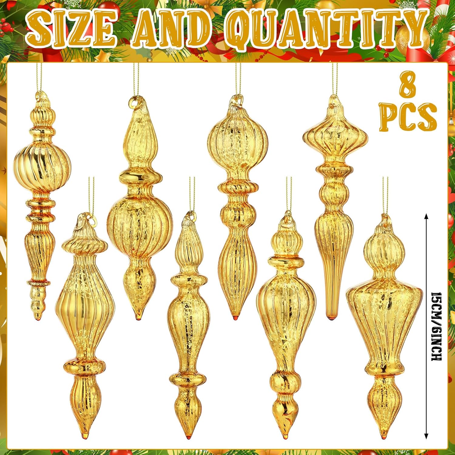 Mifoci 8 Pcs 6 Inch Mercury Glass Finial Christmas Ornaments Hanging Christmas Finials Glass Ornaments Assorted Mercury Decor for Vintage Holiday Xmas Tree Decoration(Gold)