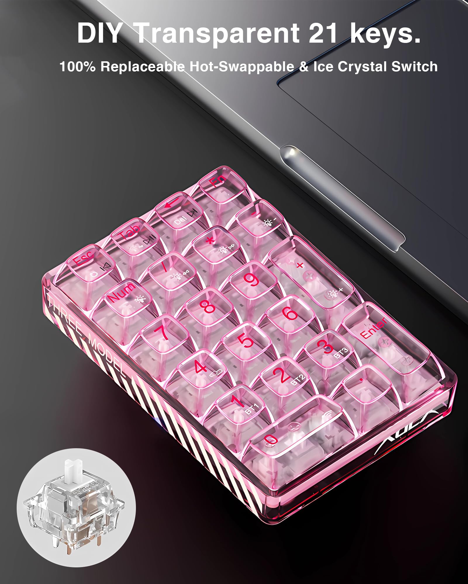 AULA 21 Key 2.4Ghz/Bluetooth/USB-C Connections Transparent Numpad, Hot Swappable Mechanical Gaming Keypad with Transparent Keycaps(Pink)