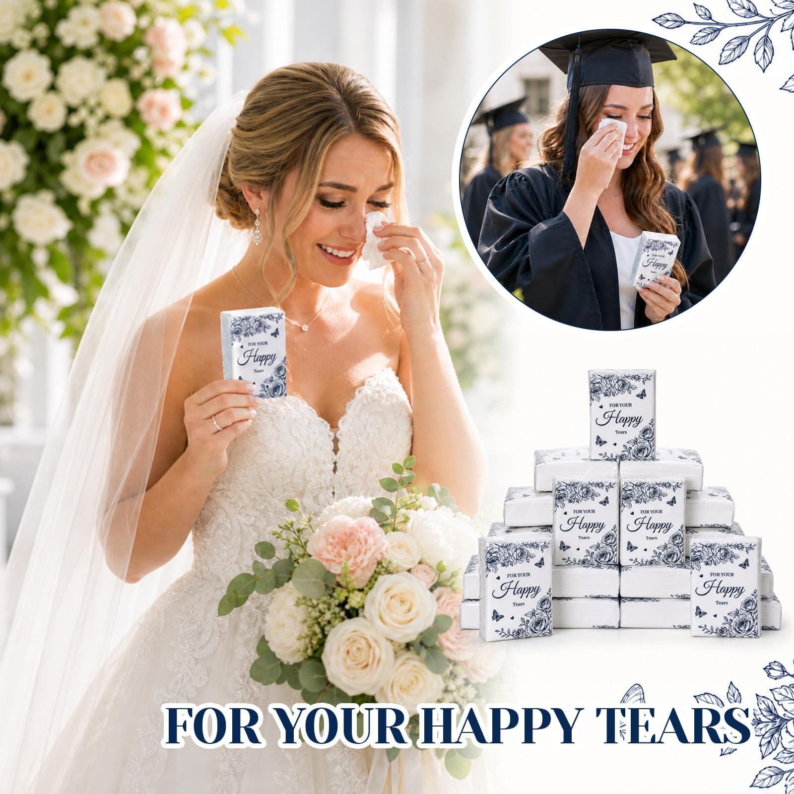 Confezione da 100 fazzoletti di carta con fiori blu, lacrime felici, per
