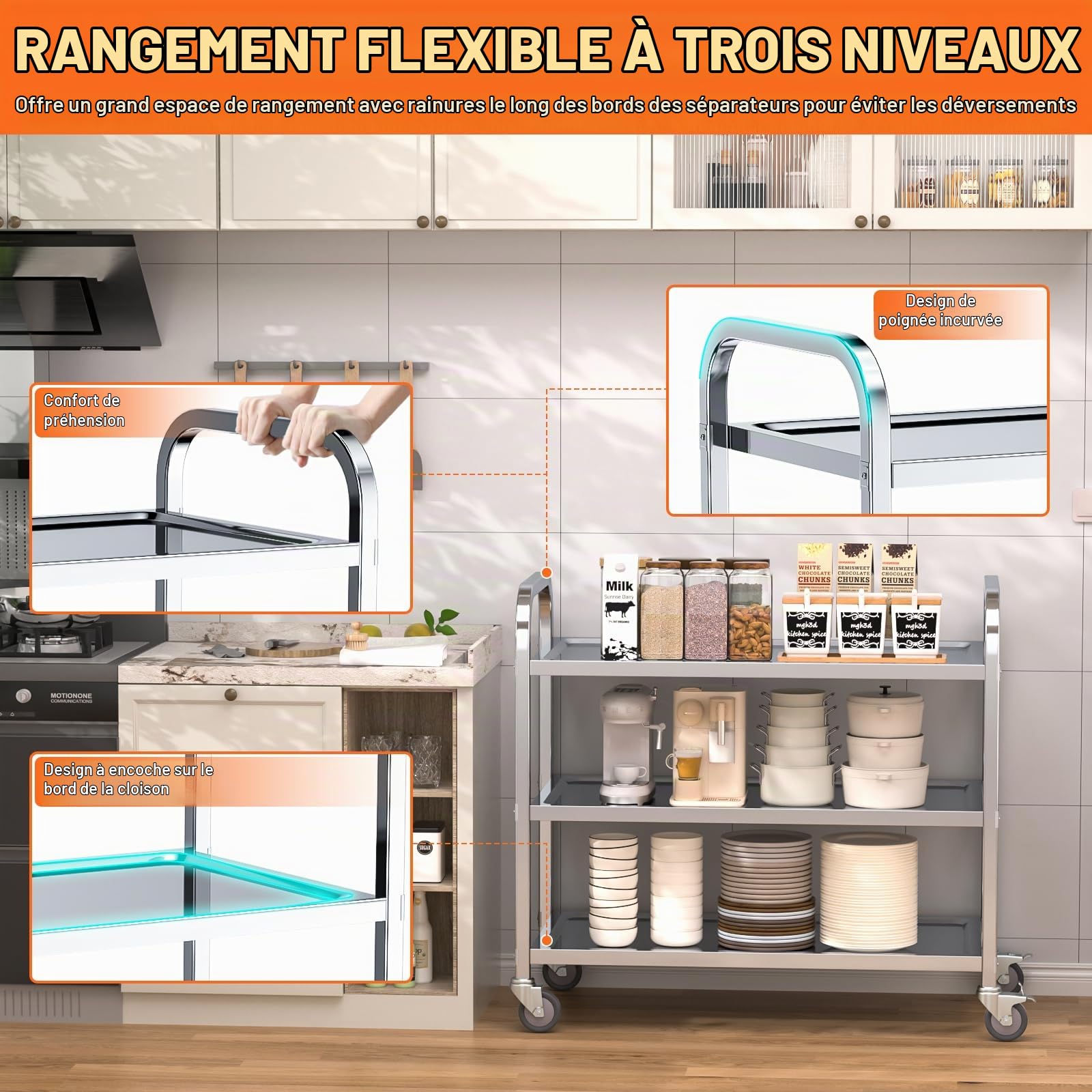 Desserte de Cuisine Chariot Roulettes75x40x83.6 cm, 3 étagères, Acier INOX,Charge 181 kg, 4 Roues Pivotantes 2 avec Freins Déplacement Silencieux pour Rangement Clinique Cuisine Hôtel Salon de Beauté
