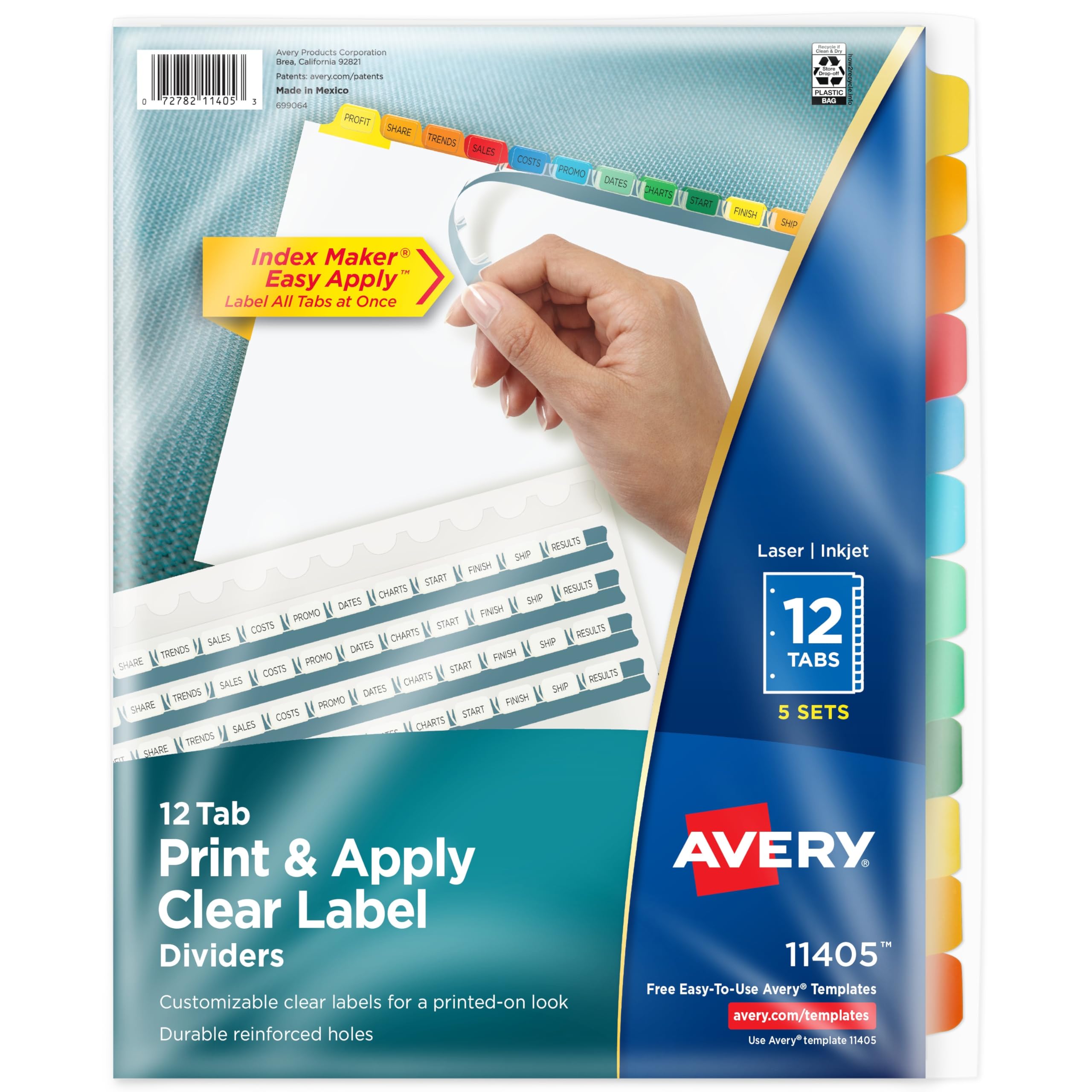 Avery Print & Apply Clear Label Tab Dividers, Index Maker, 12-Tab Divider Set, 5 Sets, Multicolor Tabs (11405)