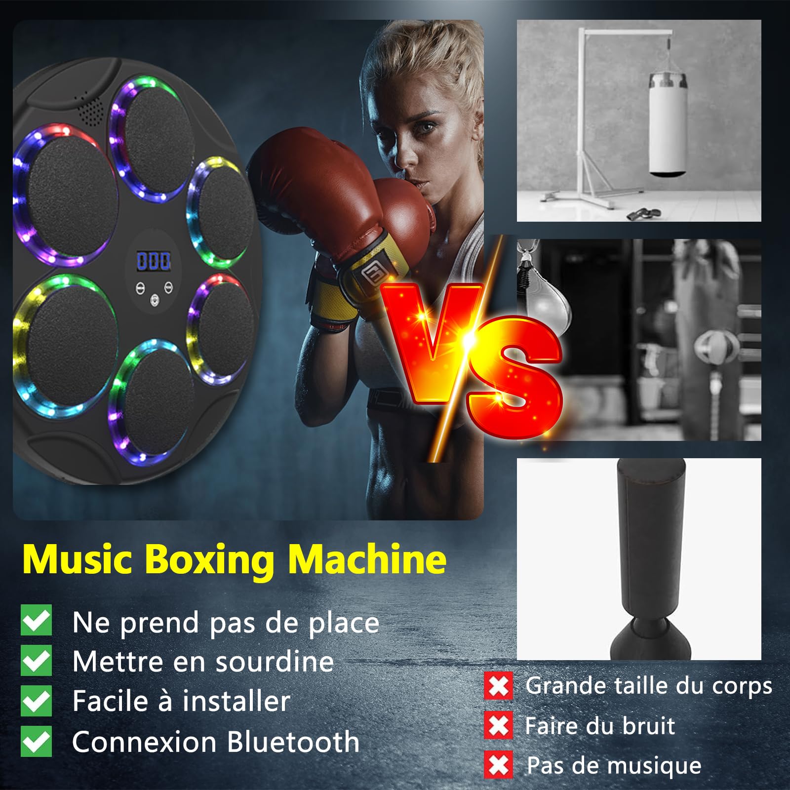 Generic Machine De Boxe Musicale Intelligente Avec Bluetooth Et Gants Entrainement De Reaction Murale Led Comptage Intelligent Resistance Reglable Ideale Pour Fitness Detente Et Enfants 67270717