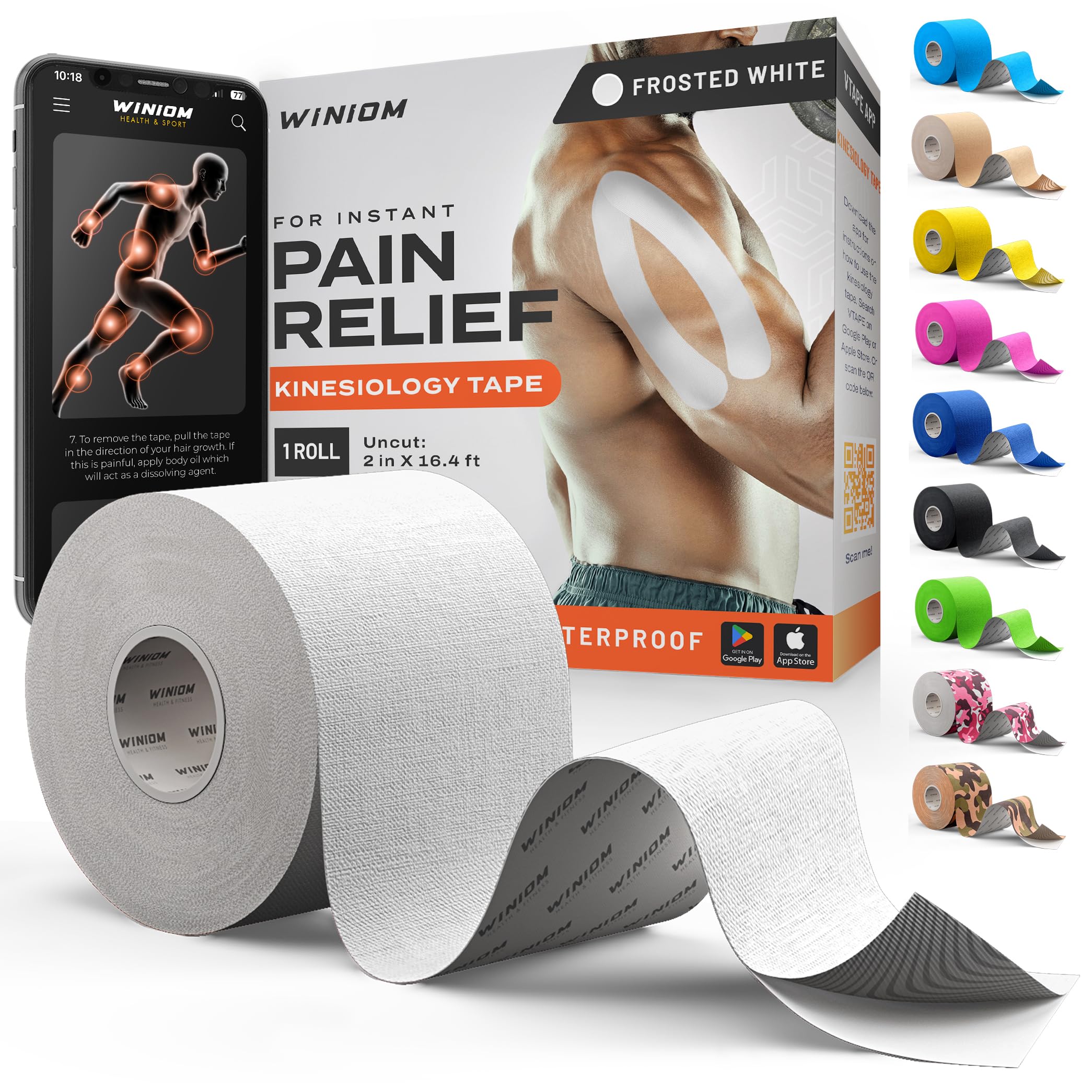 Kinesiology Tape - Waterproof Athletic Sports Tape for Knee, Shoulder, Arm &amp; Back Support | 3-5 Day Adhesion, Hypoallergenic &amp; Latex-Free + Taping Guide (Uncut, 2"x16.4ft Roll, Frosted White)