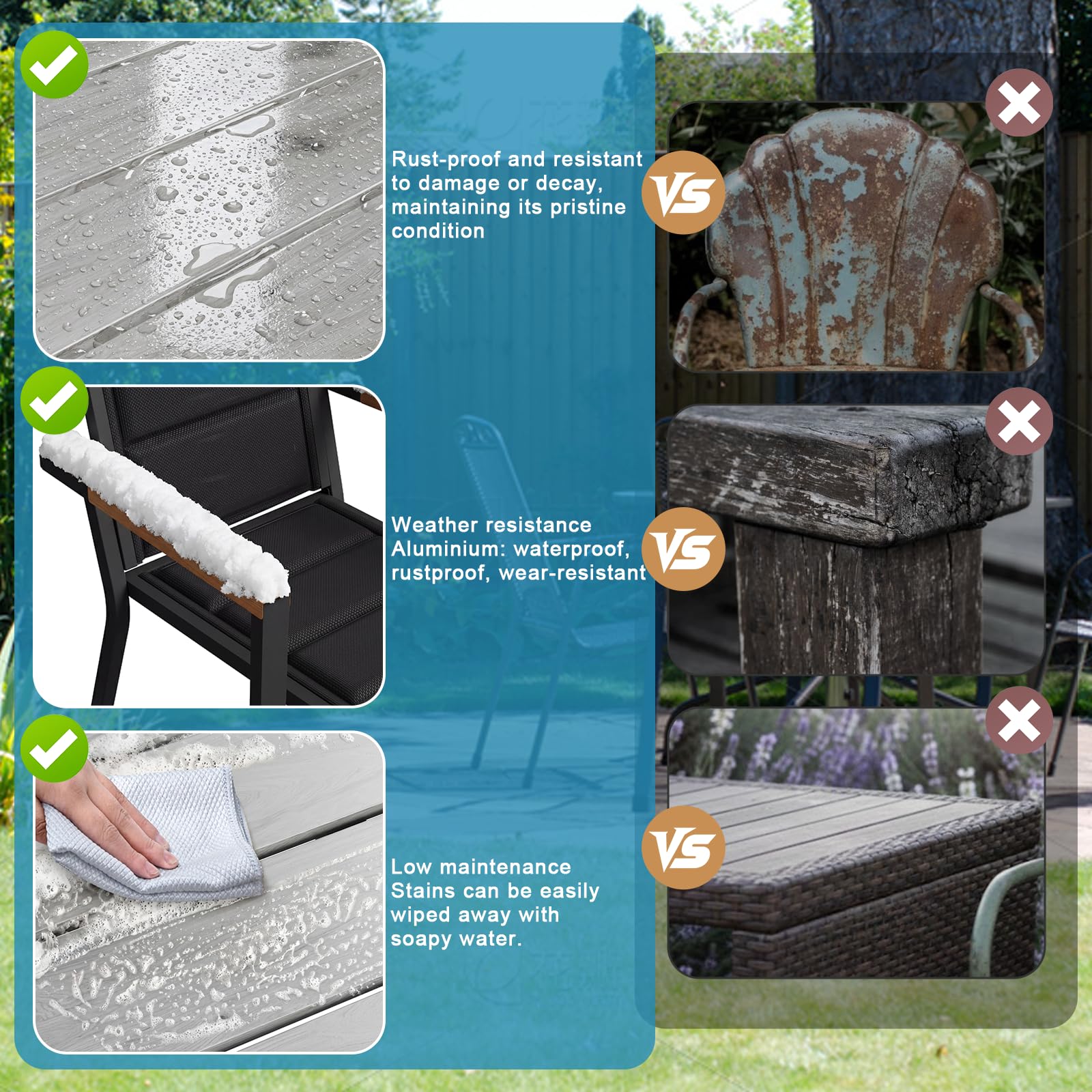 JUMMICO Gartenmöbel Set Terrassen Set Aluminium Gestell mit Holzoptik PS Tischplatte Komfortabler Hochlehner Einfach Montiert,8 Personen Set