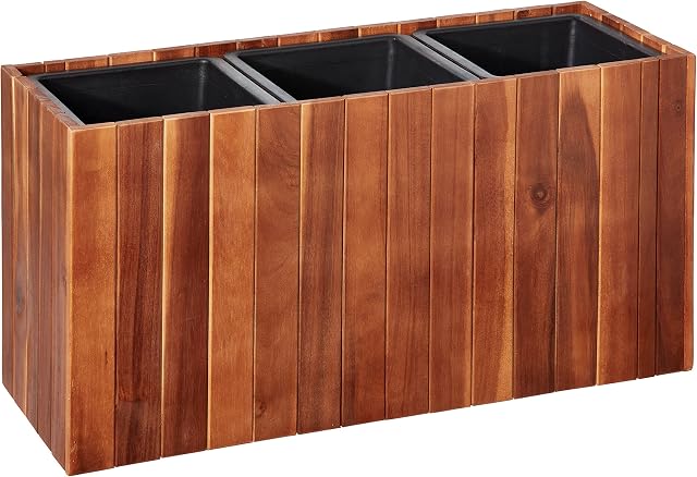 Amazon Aware Acacia Wooden Rectangular Planter Box with Three Inner Plastic Liners, 66 cm, Brown