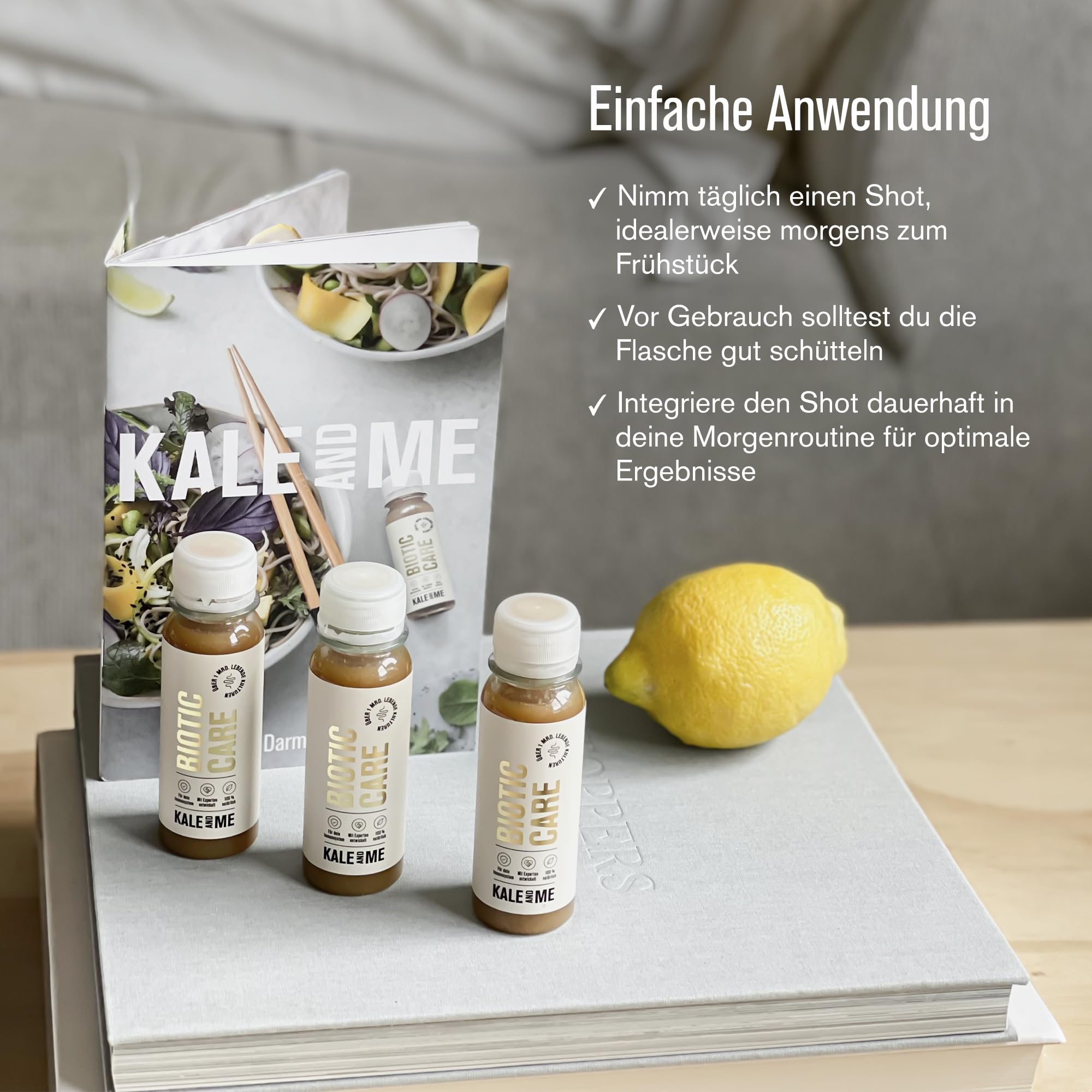 Kale&Me Darmkur 4 Wochen – 28 Shots mit je 85 ml – mit Darm-Guide | Biotic Care Shot mit sporenbasierten Bakterien & Präbiotika, vegan, ohne Zusatz- & Konservierungsstoffe, reich an Vitamin C