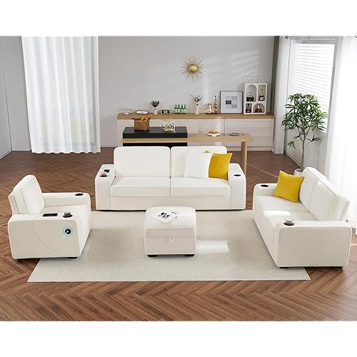 VanAcc Sofa, 3 Piece Set with Storage Ottoman, Deep Seat Couches- Comfy Sofas with Cup Holders & USB Charging Ports, Modern Couches for Living Room(Offwhite Bouclé Couches)