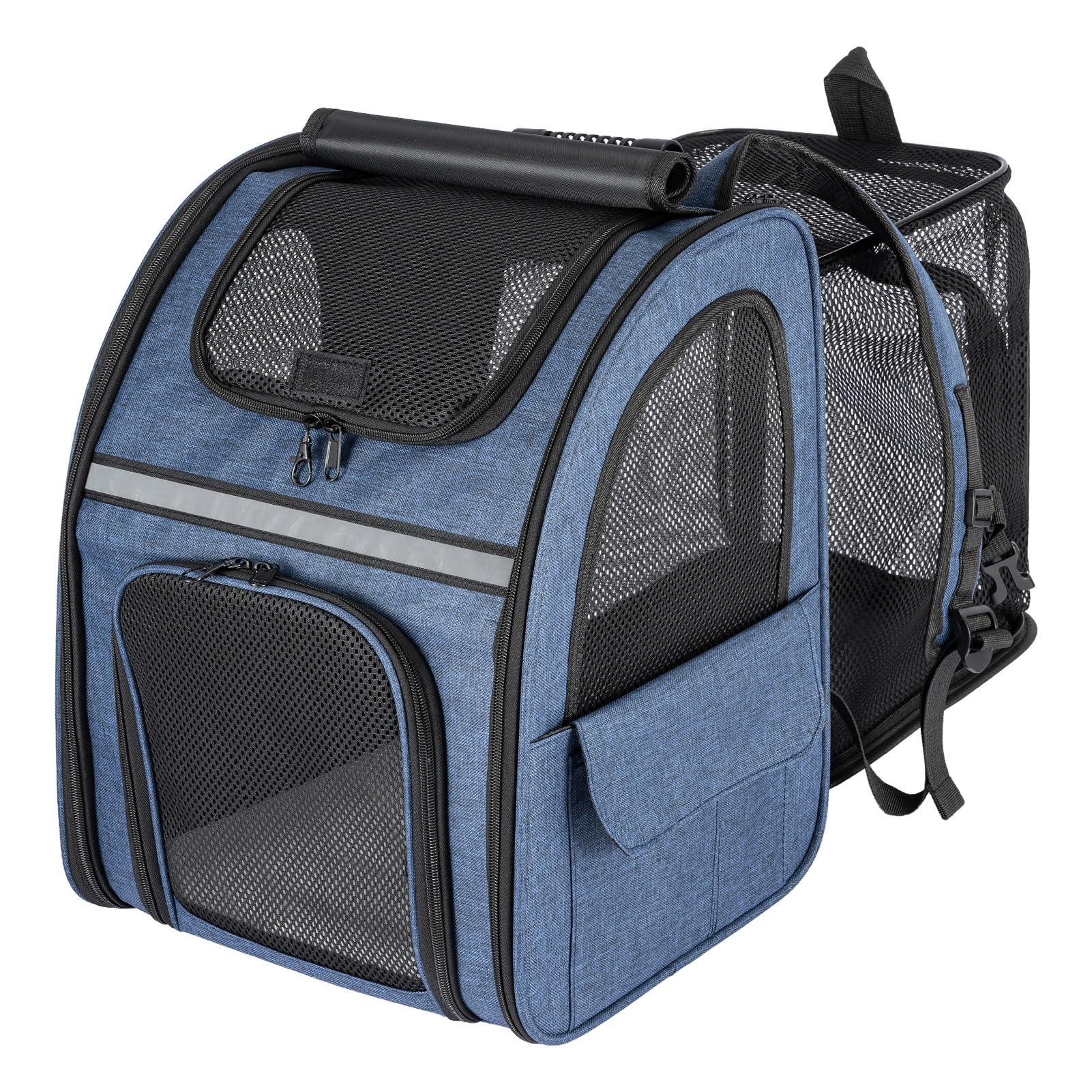Cat Carrier Dog Backpack Expandable Large, Portable Breathable Rucksack with Front Mesh Window, Extendable Back More Space Great For Carrying Pets (Blue)
