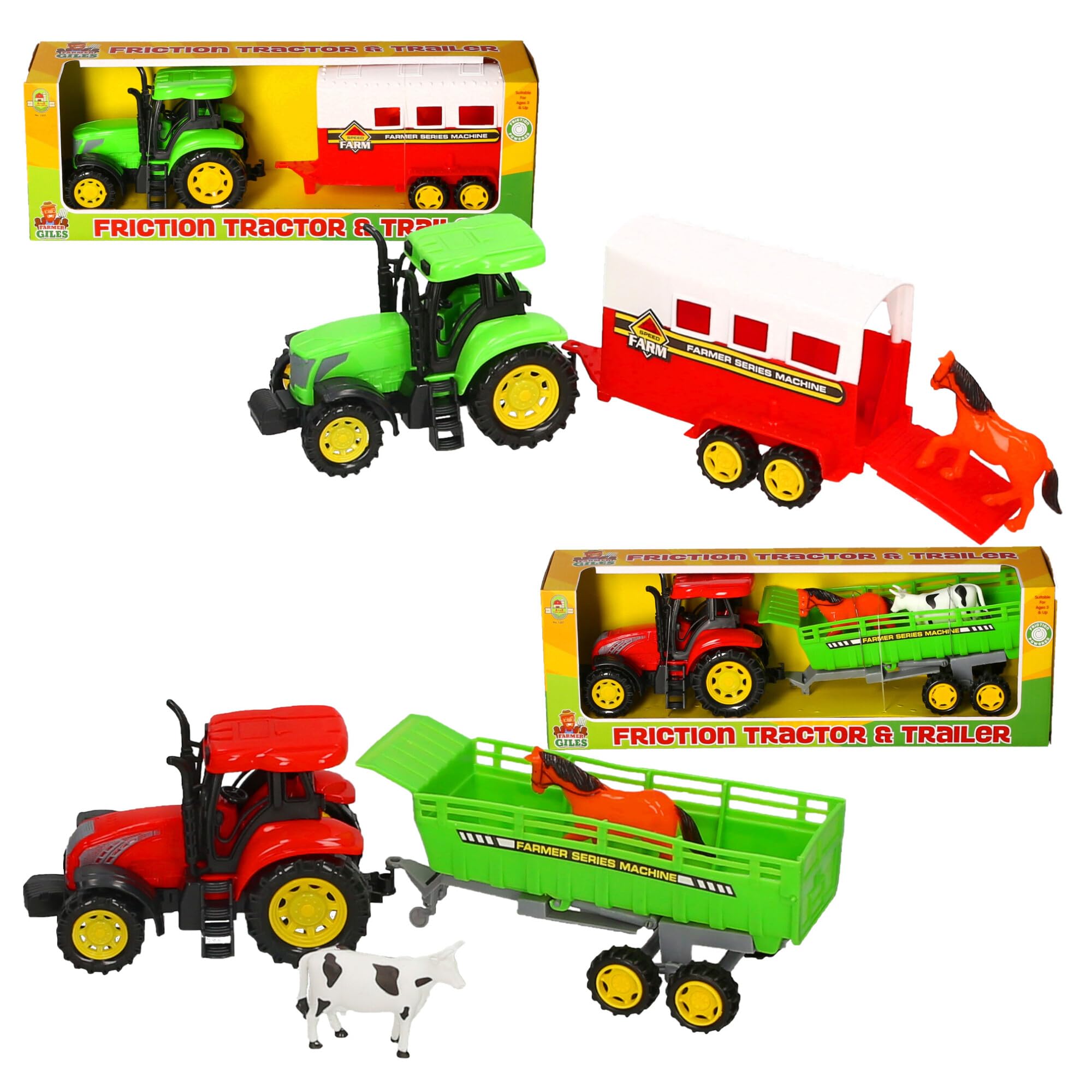 Farmer Giles Friction Tractor and Trailer Set, Farm Toys with Horse and Cow Figures, Ages 3+