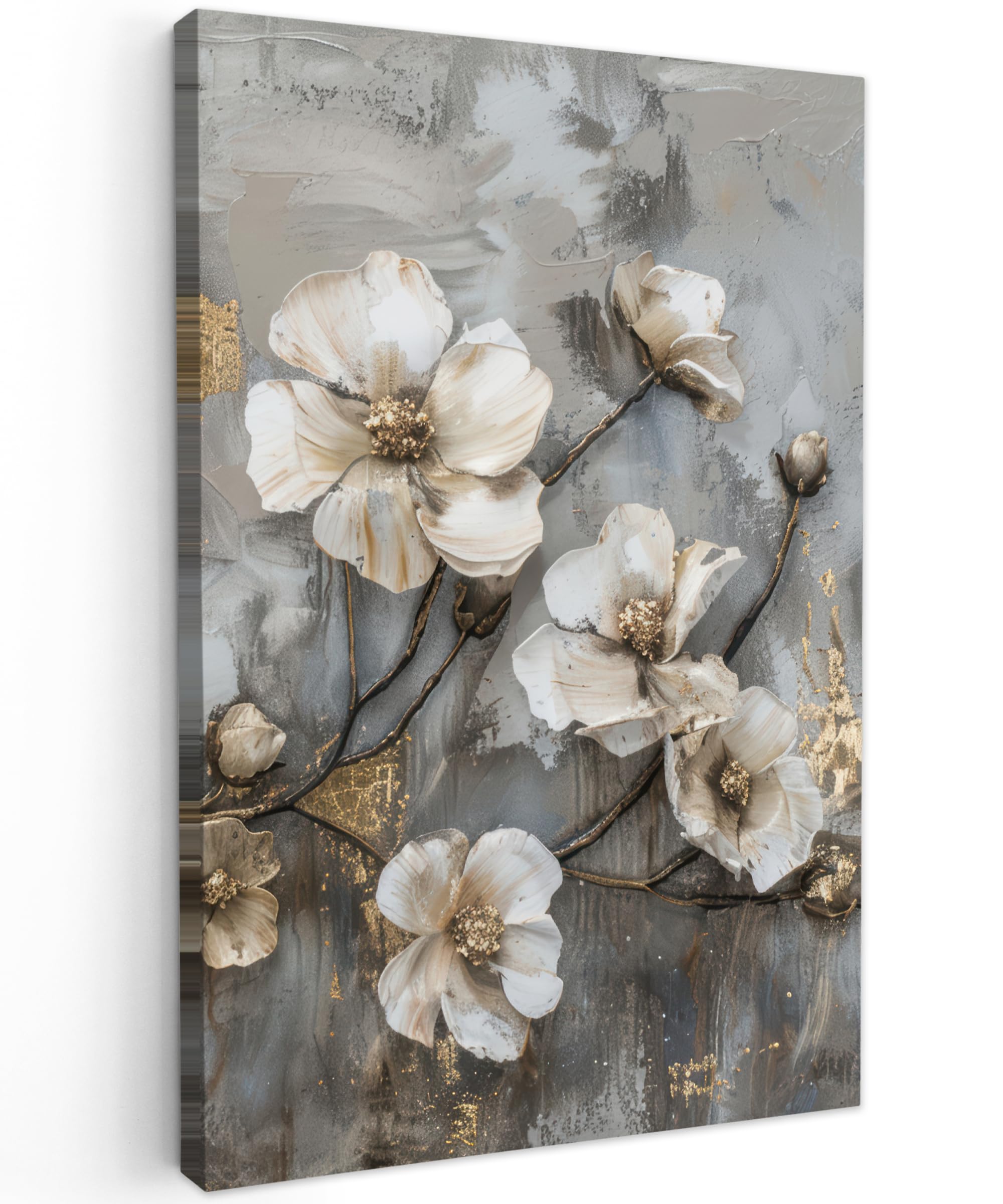 MuchoWow© Canvas Wall Art 16"x24" / 40x60 cm Home Decor Paintings for Living Room Decorations Gifts Hallway Flowers - White - Grey - Gold - Luxury