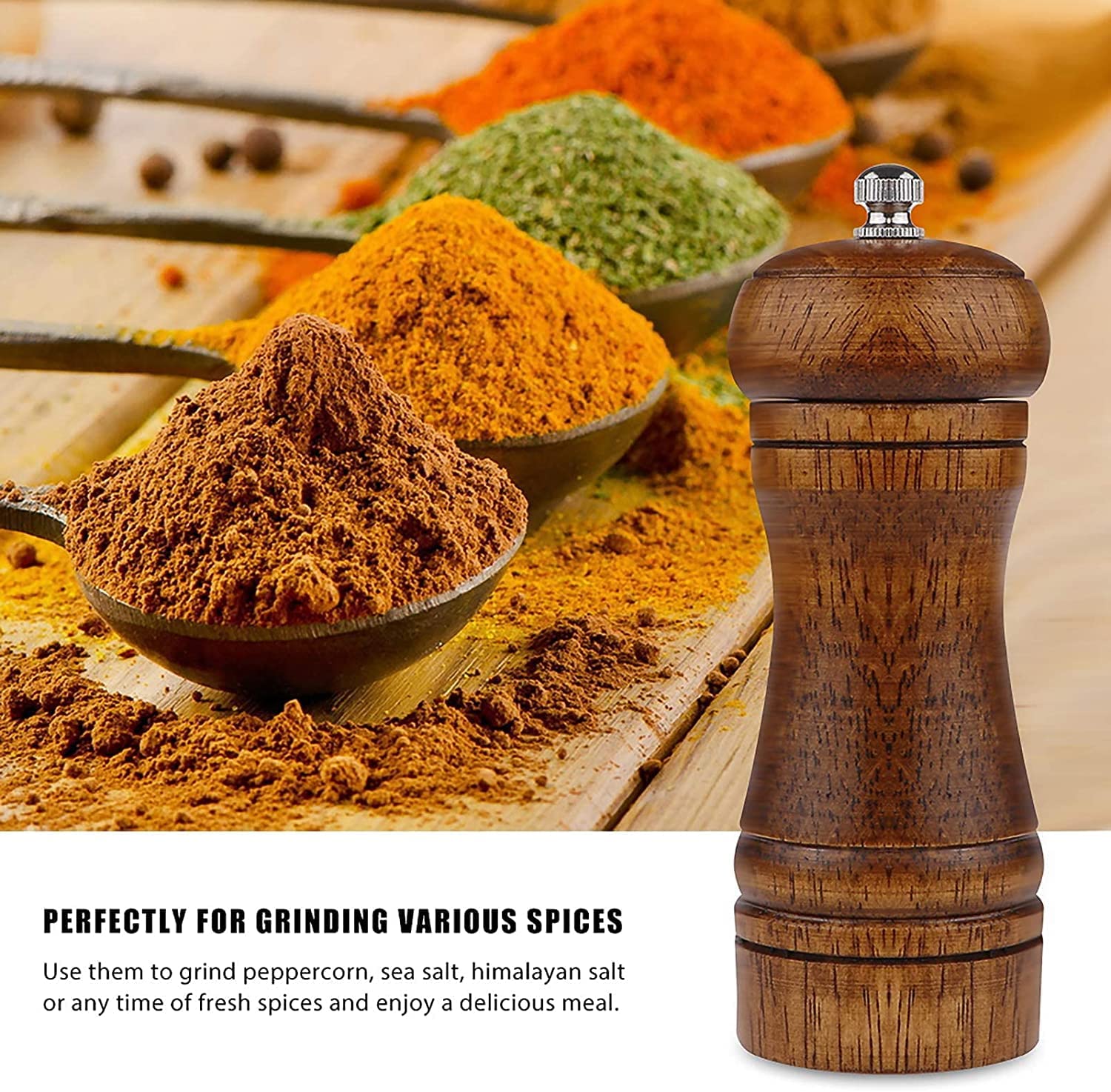 Molinillo de pimienta – Molinillo de pimienta de 5 pulgadas, molinillo de pimienta recargable de roble y sal de mar, molinillo de pimienta de cerámica, molinillo de pimienta ajustable 6