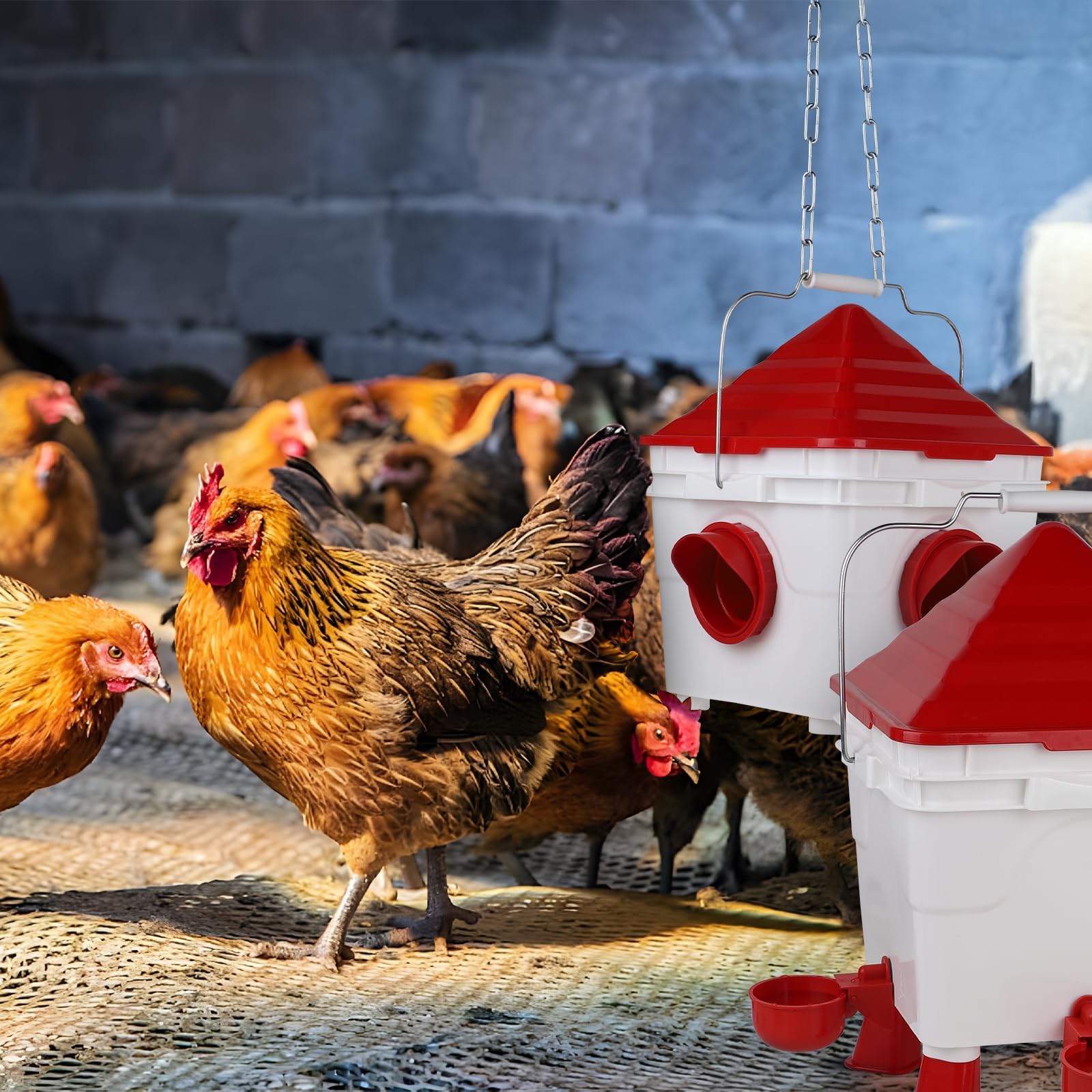 EFUTURETIME Automatyczne poidło dla kurcząt, 7 l, z nóżkami i pojemnikiem 8 kg, automatyczny dozownik karmy dla kur, drobiu, zawieszany poidło dla kurcząt ze stalowymi łańcuchami (2 szt.)