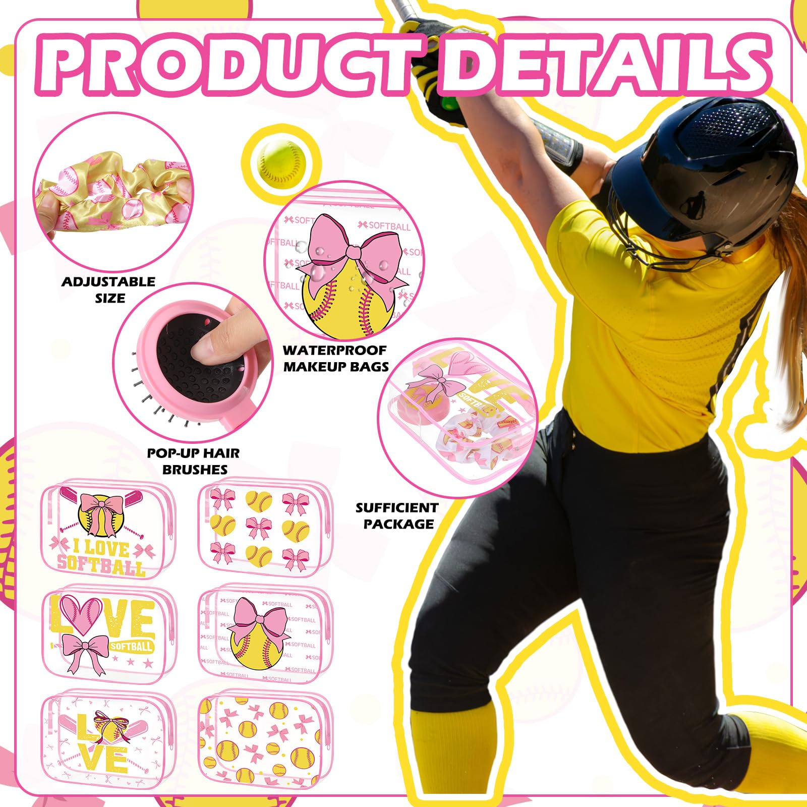 36 Pcs Pink Softball Gifts for Girl 12 Softball Makeup Bag Bulk Cosmetic Bag Sport Team Gifts with 12 Pink Bow Hair Scrunchies 12 Round Portable Folding Brush Mirror for Coach Team