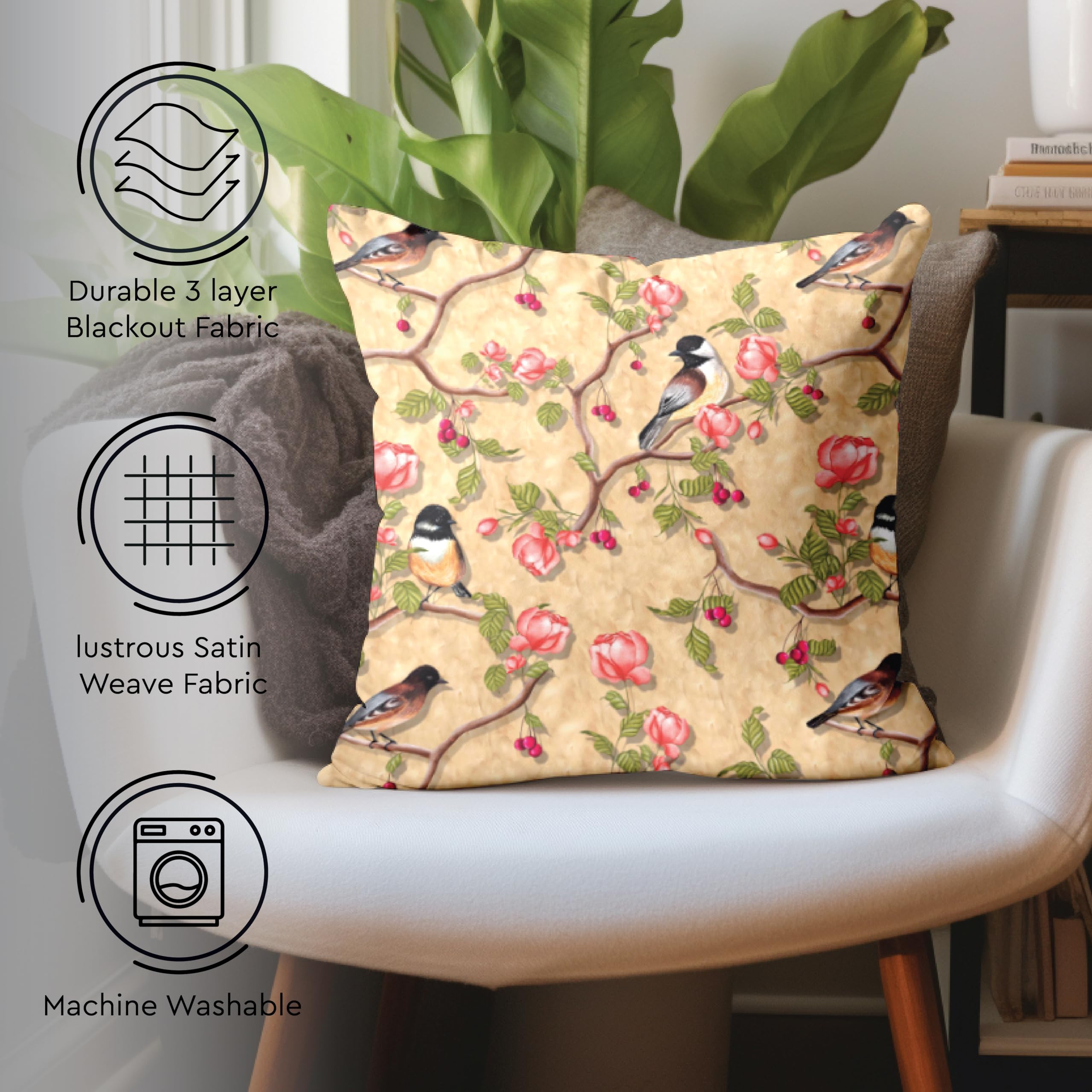 Encasa XO Decorative Throw Pillow Covers 16x16 in - Polyester Floral Digital Print Pale Gold Birds, 40 x 40 cm (Pack of 2) - Image 3