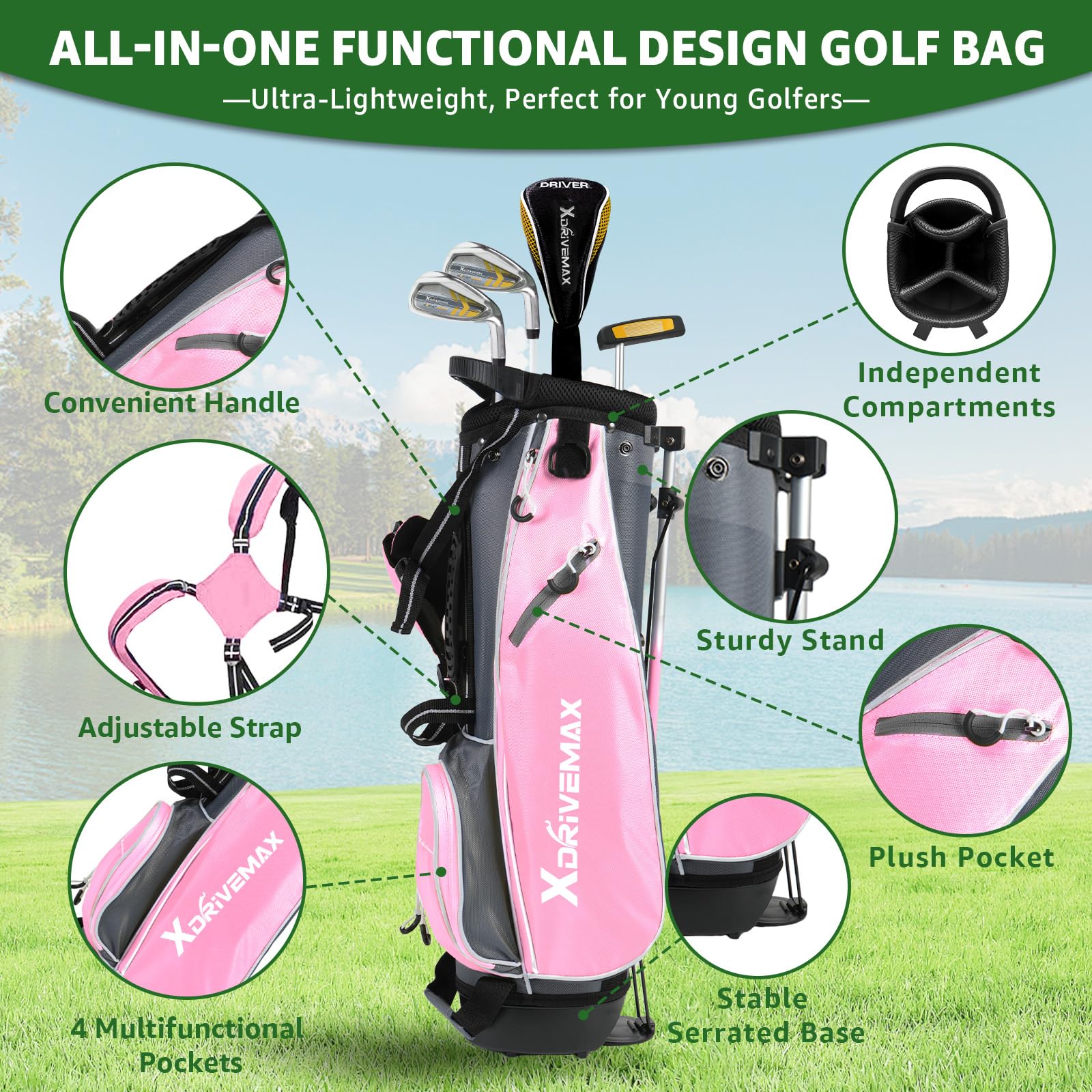 XDriveMax 5/6-teiliges Kinder-Golfschläger-Set, Junior-Golfschläger-Set, Alter 4–12 Jahre, inklusive Standtasche, 1# Drive, 5# Hybrid, 6/7#, 9/P# Eisen und Putter rechte Hand für Jungen und Mädchen