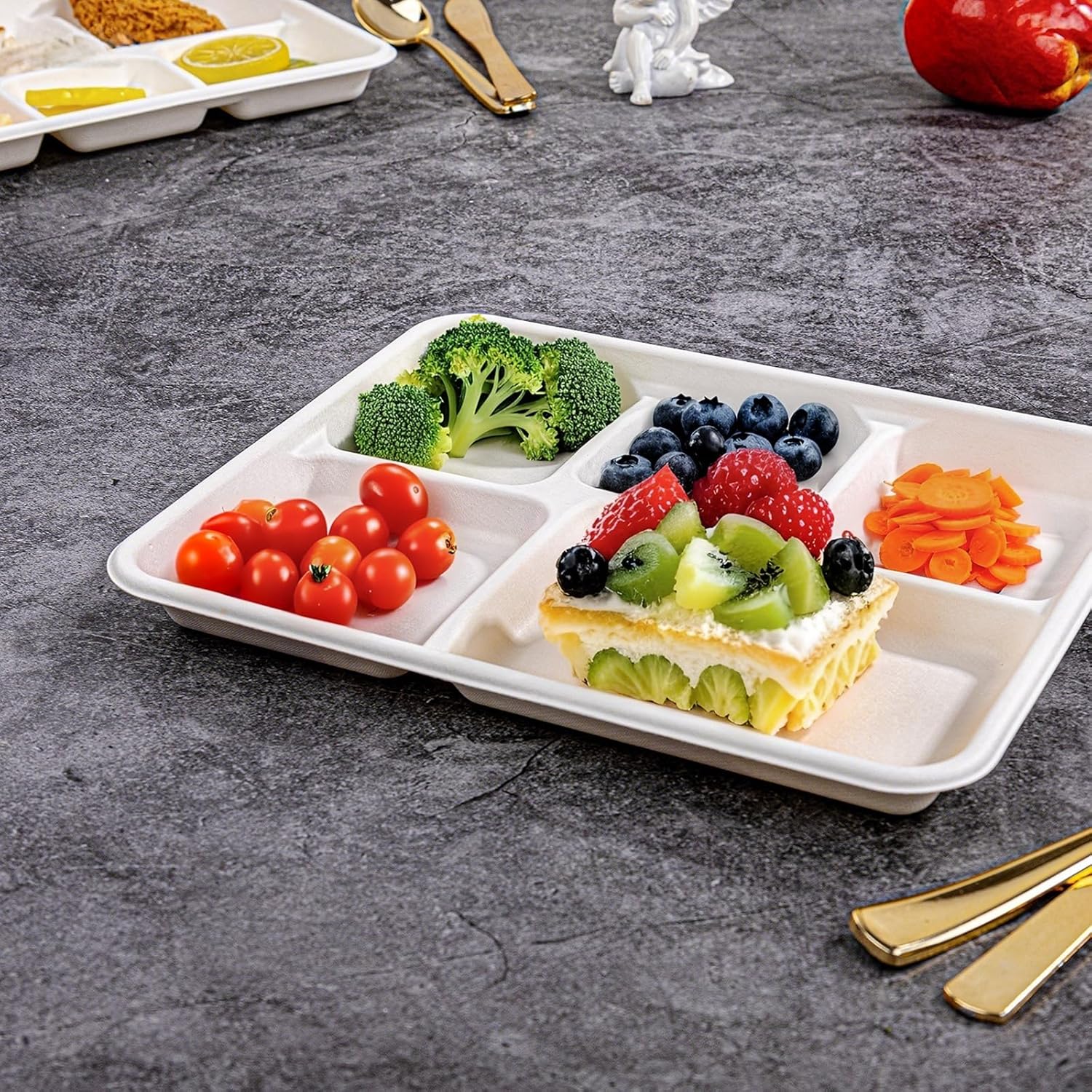 WELLIFE 125 Pack Kids Small 5-Compartment Paper Plates, 10.25x8.25 Inch 100% Compostable Divided Plates, Disposable School Lunch Trays, Eco-Friendly Bagasse Plate for Boys Girls and Youth (BPA Free) - Image 9